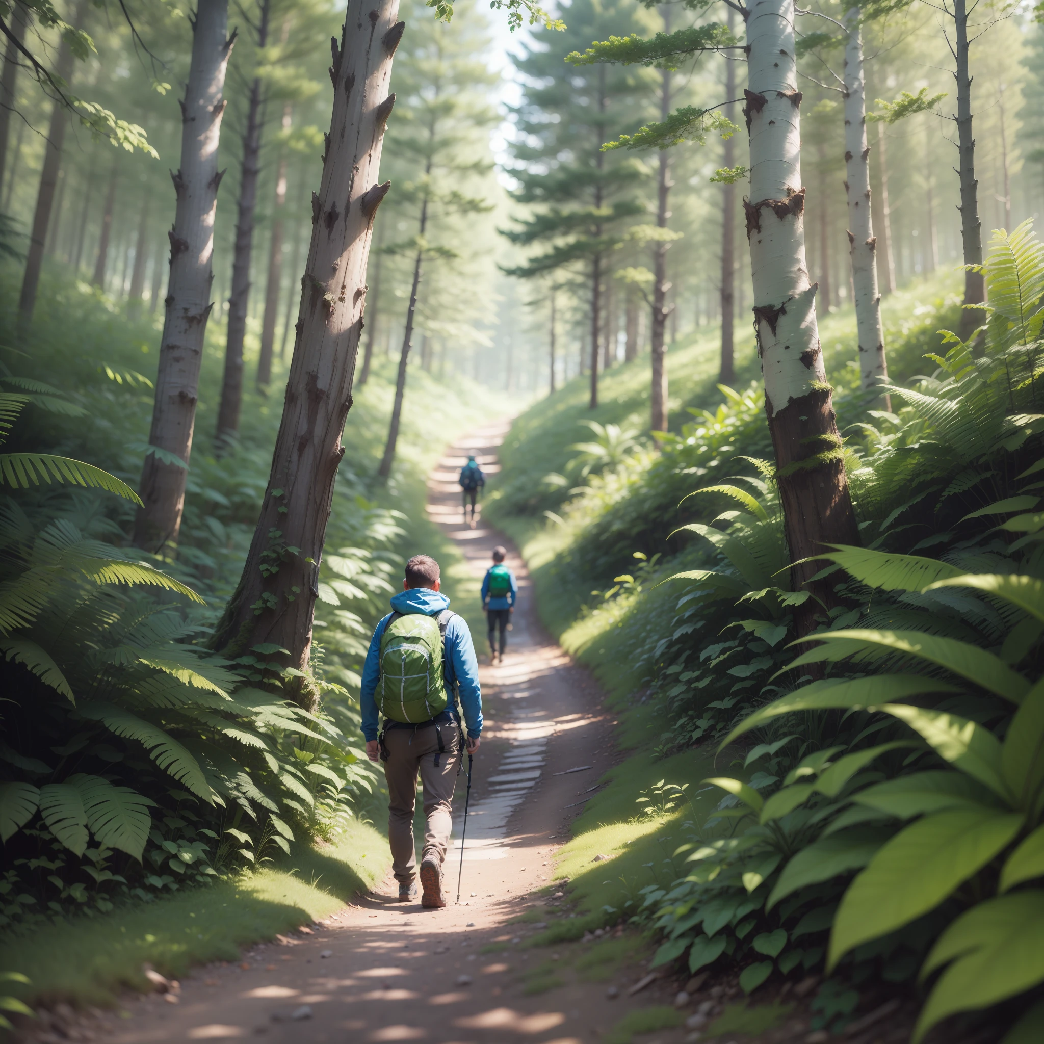 people hiking in the woods, mountaineering, ultra realistic green trees, all the perfect details