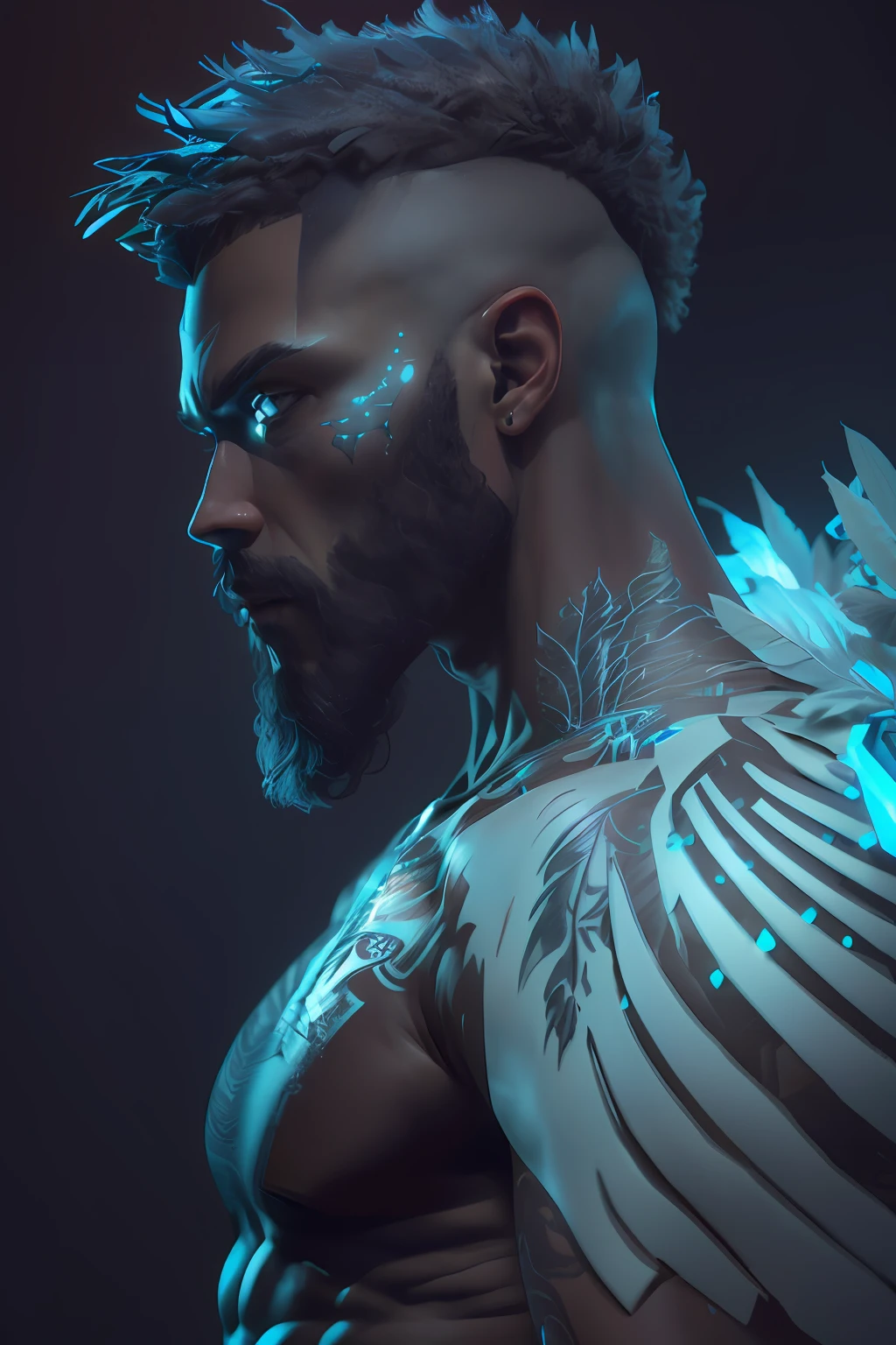 Arafed man with a tattoo on his chest and a feather on his shoulder, 3D render 8K character art, realistic fantasy style 8k octane render, realistic character octane render, black octane render, rendered in octane render 32k, highly detailed VFX portrait, render portrait 8k, hyper-detailed fantasy character, smooth 3d CG render,  octane aesthetic render ultra realistic