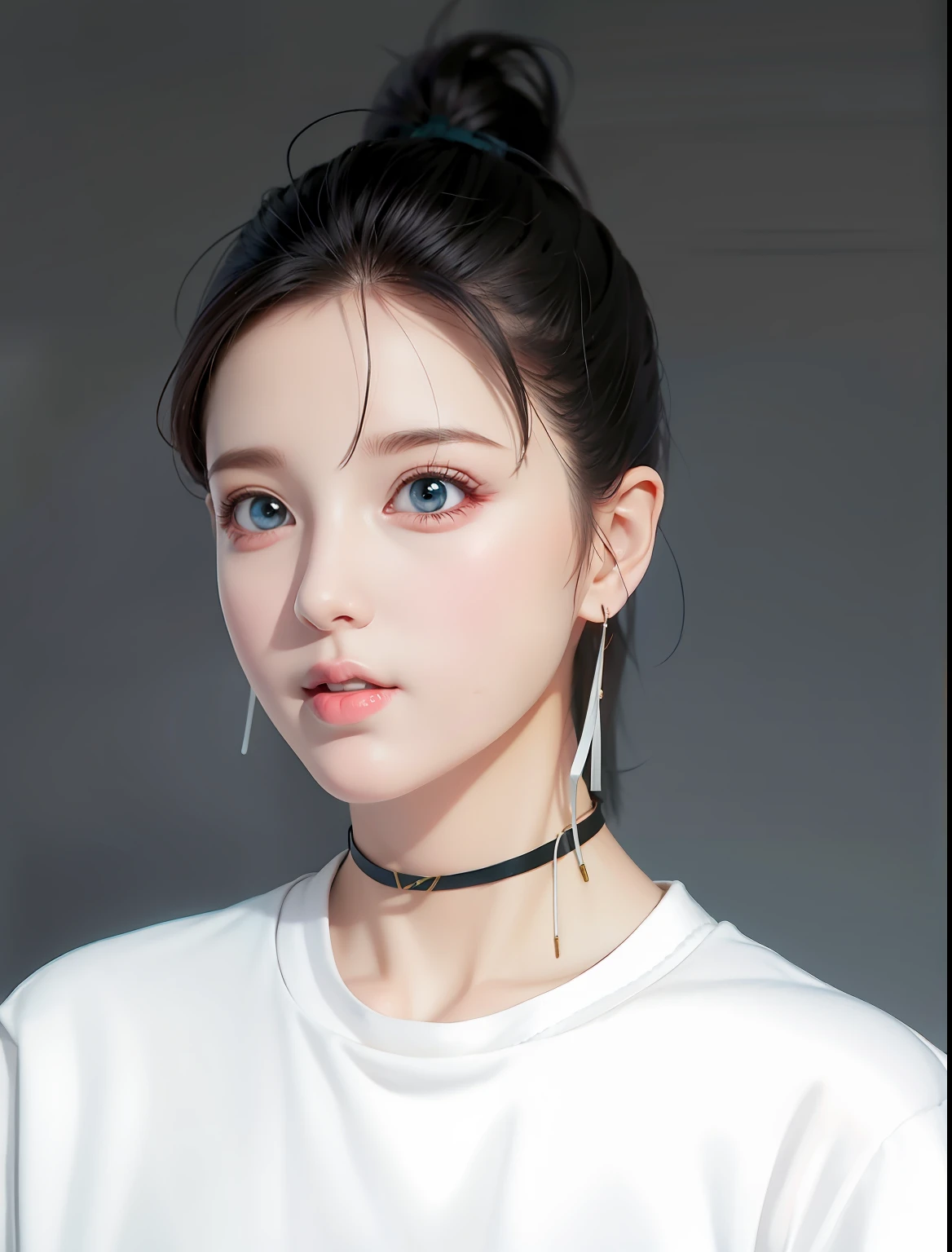 (best quality, high quality:1.3), woman, slender, perfect face, hoodie, pants, sneakers, standing, eyedirection, (eye above, eye up:1.3), solo, portrait, sfw