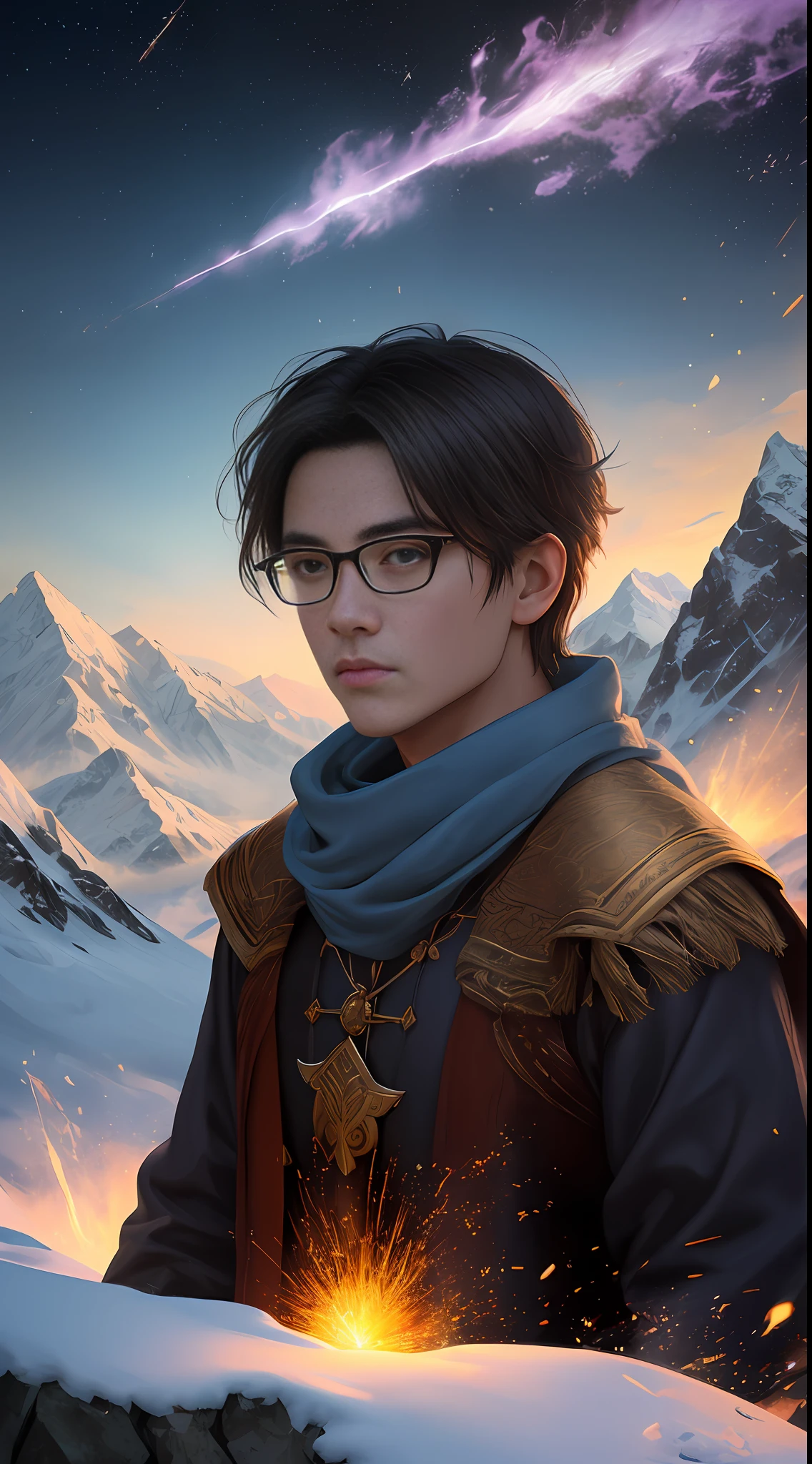 (best quality), (masterpiece), (magnificent art), 1man, an 18th century Viking prince, (symmetrical face, super detailed: 1.12), (symmetrical eyes, hyper detailed: 1.09), (short hair, shivering, reflecting light, shiny: 1.05), winter weather, cool and soft lighting, vivid colors, strong body, snow, mountains, blue sky, tension battle weather, dynamic pose, Adobe Illustration, Trending on Artstation, octane render,  (sparks: 0.7), stones, luminosity by REMBRADT, bifocal lens fisheye 85mm, Himalayan mountains background