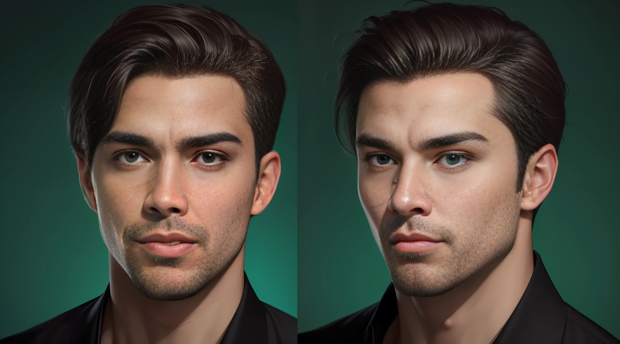 Kael: Portrait of handsome black man, face zoom, serious expression, short hair and no beard, green background