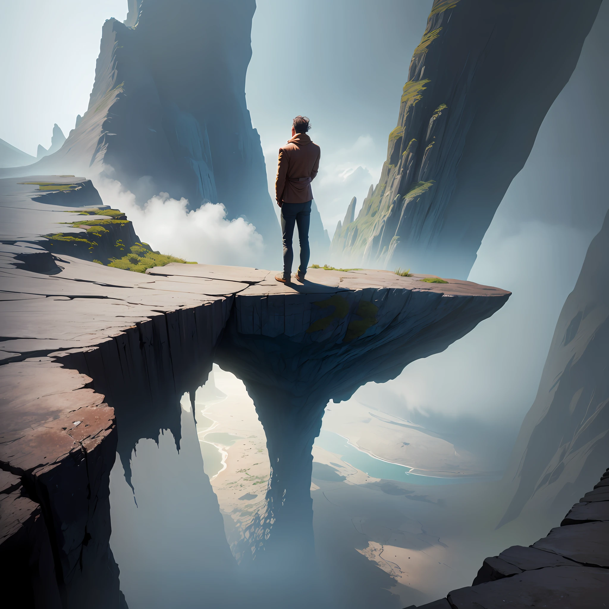 (The Man at the Top of the Cliff),(((First Person View))), ((Looking Down)), Abyss, Fog, Photorealism, Detail, Masterpiece, Masterpiece, 32k --auto