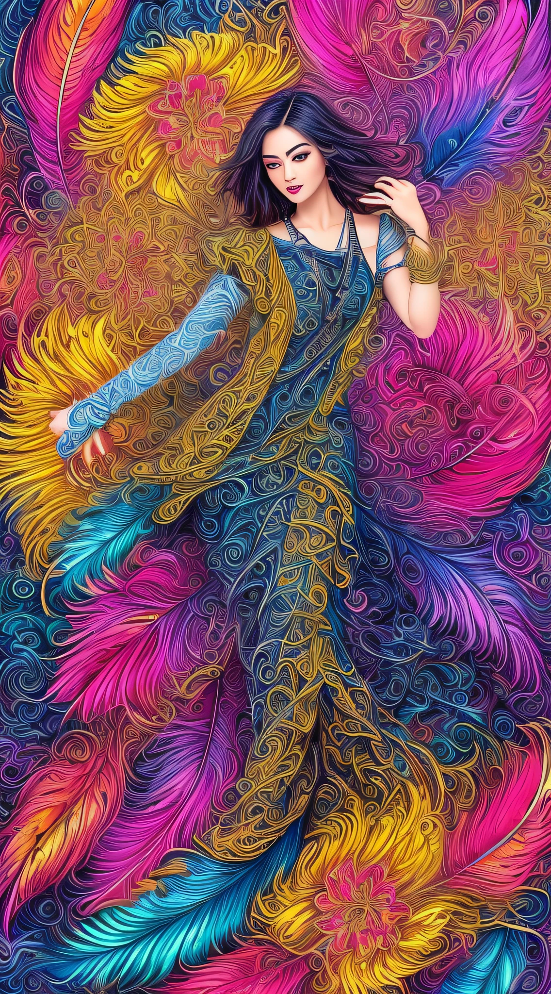 erjie, girl in a fluid and dynamic pose, wearing a loose, flowing pink dress, mysterious expression, curly black and pink hair, [Zhang Ziyi|Aishwarya Rai], in a modern and abstract setting, with bold and colorful abstract art, blurred background, bright lighting, official art, unity 8k wallpaper, (zentangle, mandala, tangle, entangle), intricate clothes,zhongfenghua (full body,from everywhere,masterpiece, top quality, best quality, official art, beautiful and aesthetic:1.2), extremely detailed,(fractal art:1.1),(colorful:1.1)(flowers:1.3),highest detailed,(zentangle:1.2), (dynamic pose), (abstract background:1.3), (shiny skin), (many colors:1.4), (feathers:1.5), dynamic angle, the most beautiful form of chaos, elegant, a brutalist designed, vivid colours, romanticism,