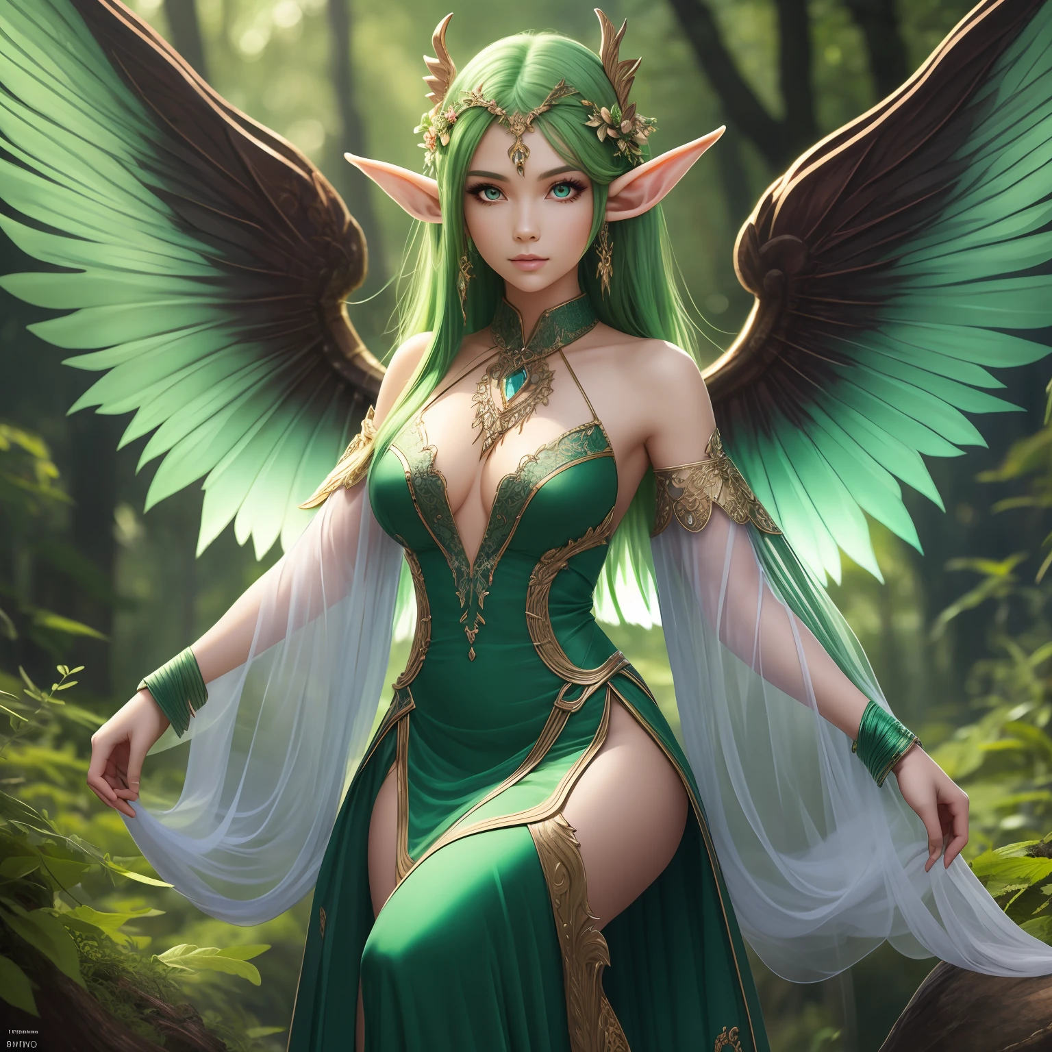 Full Body Portrait, Forest Elf, (Best Quality, 8K, Masterpiece: 1.3), Green Hair, Petite Body, (Beautiful and Detailed Eyes), (Super Detail), (Desktop Wallpaper), (Detailed Face), Ray Glow, Optical, Panoramic Illumination, Atmospheric Perspective, Dawn, Anti-Aliasing: 5D, Light Painting, Color, Beautiful Face, Perfect Body Beauty: 1.4, Clear Facial Features, Huge Wings, Symmetrical Transparent Wings, Stunning Details, Open Shoulders Dress: 1.5