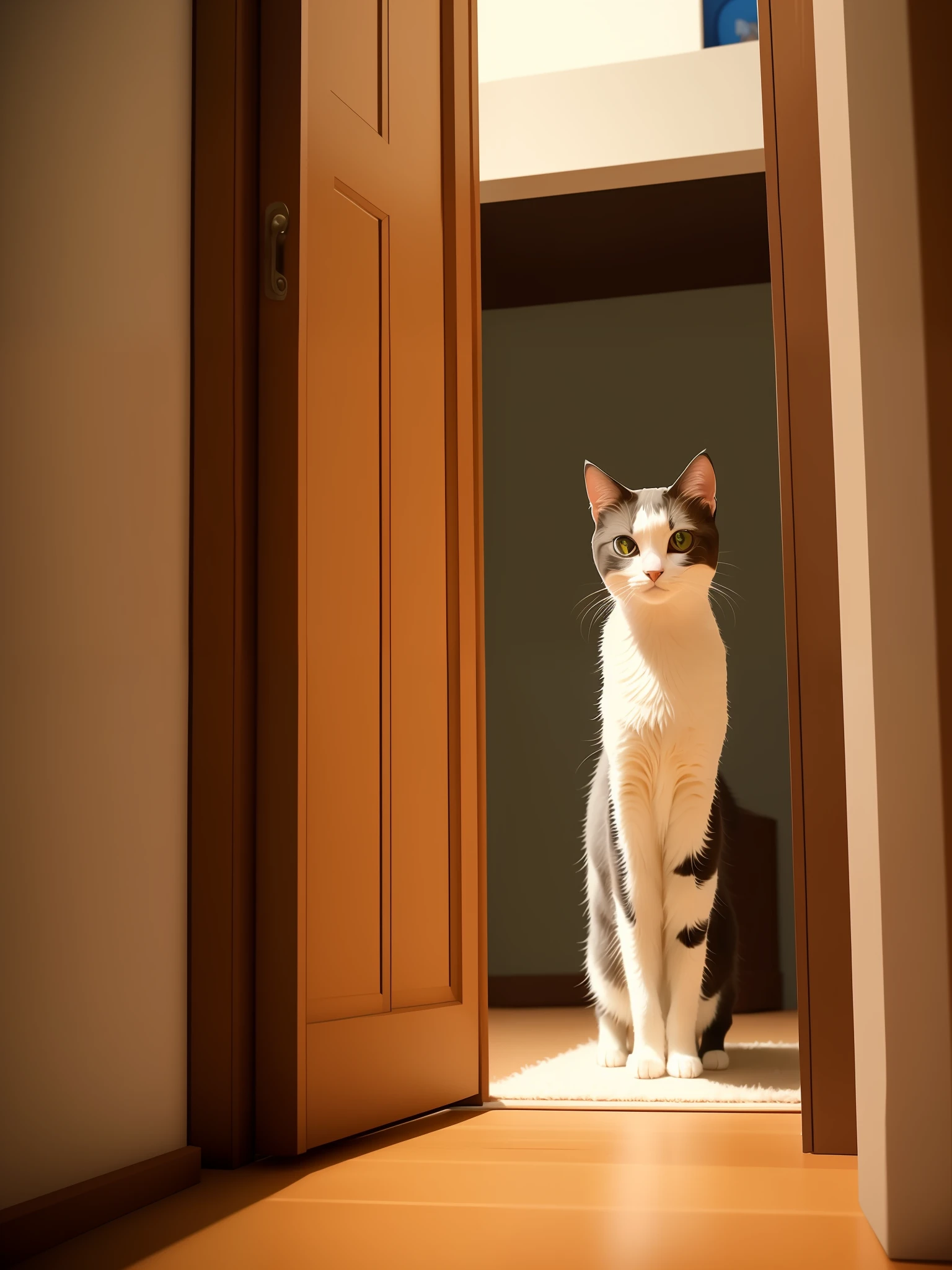 A cute cat stood at the door of the room, her eyes alert, her body slightly bowed, showing doubts and expectations. The room is full of suspense, it could be a room full of toys and snacks, or there is a path to the unknown. The whole picture renders a tense and interesting atmosphere, arousing people's curiosity and expectation.