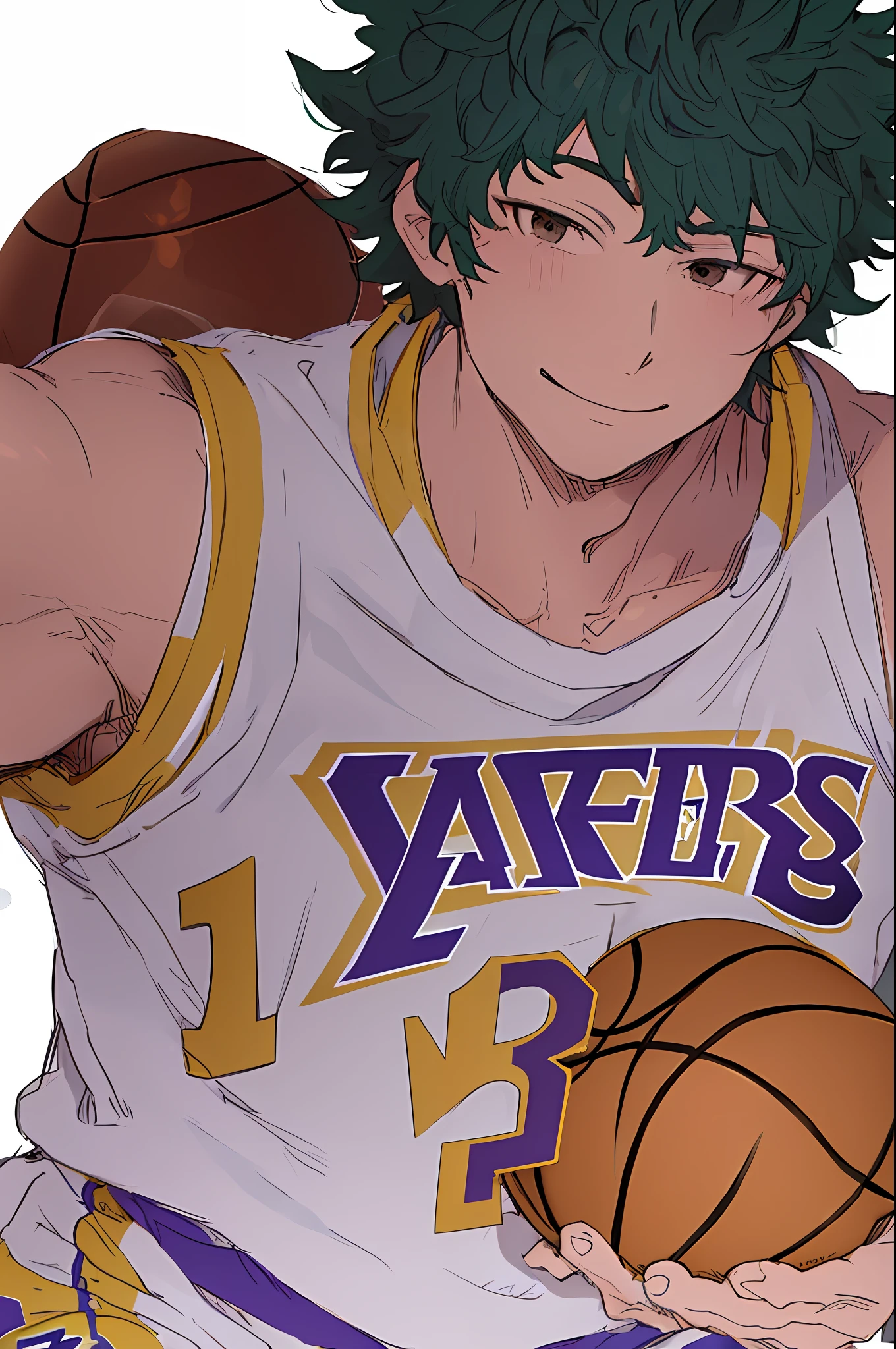 (best quality, masterpiece1.2), detailed, 1boy, solo, looking at viewer, simple background, upper body,
dynamic pose, smile, man basketball player uniform Los Angeles Lakers, NBA, mature man, muscular man, male face1:1, smile, ((detailed eyes)), midoriya izuku, short curly strong black hair, brown eyes, white lightning,