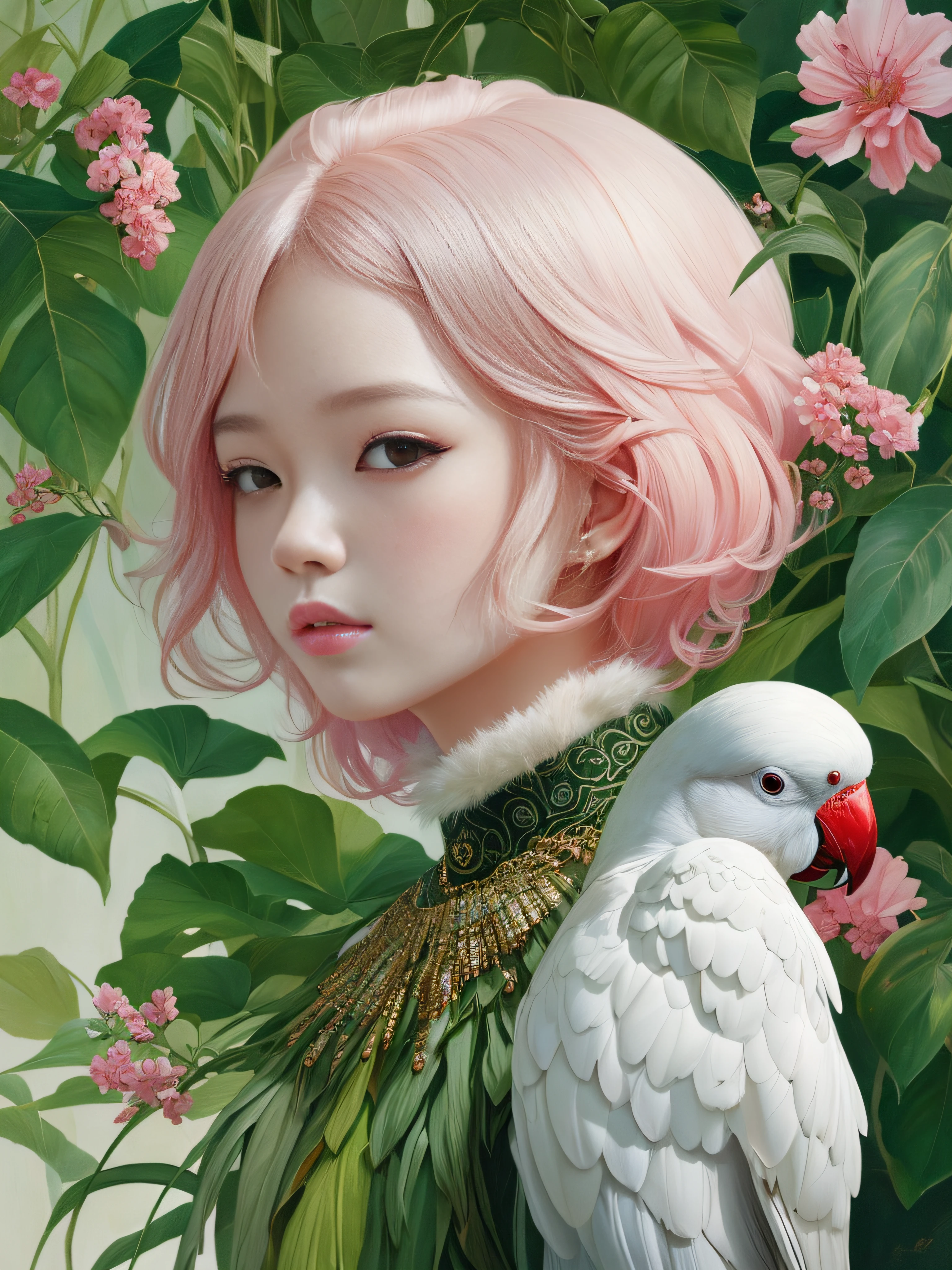 A fashion magazine, Hyperrealistic oil painting, a pure white parrot, Short hair neutral woman, pink and emerald, Plants cover the background, (style of artist hsiao-ron cheng), shiny hair, cowboy shot, Art Deco, Verism, bloom, award winning, retina --auto