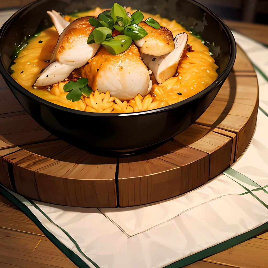 Yellow stewed chicken rice, on a high-end table