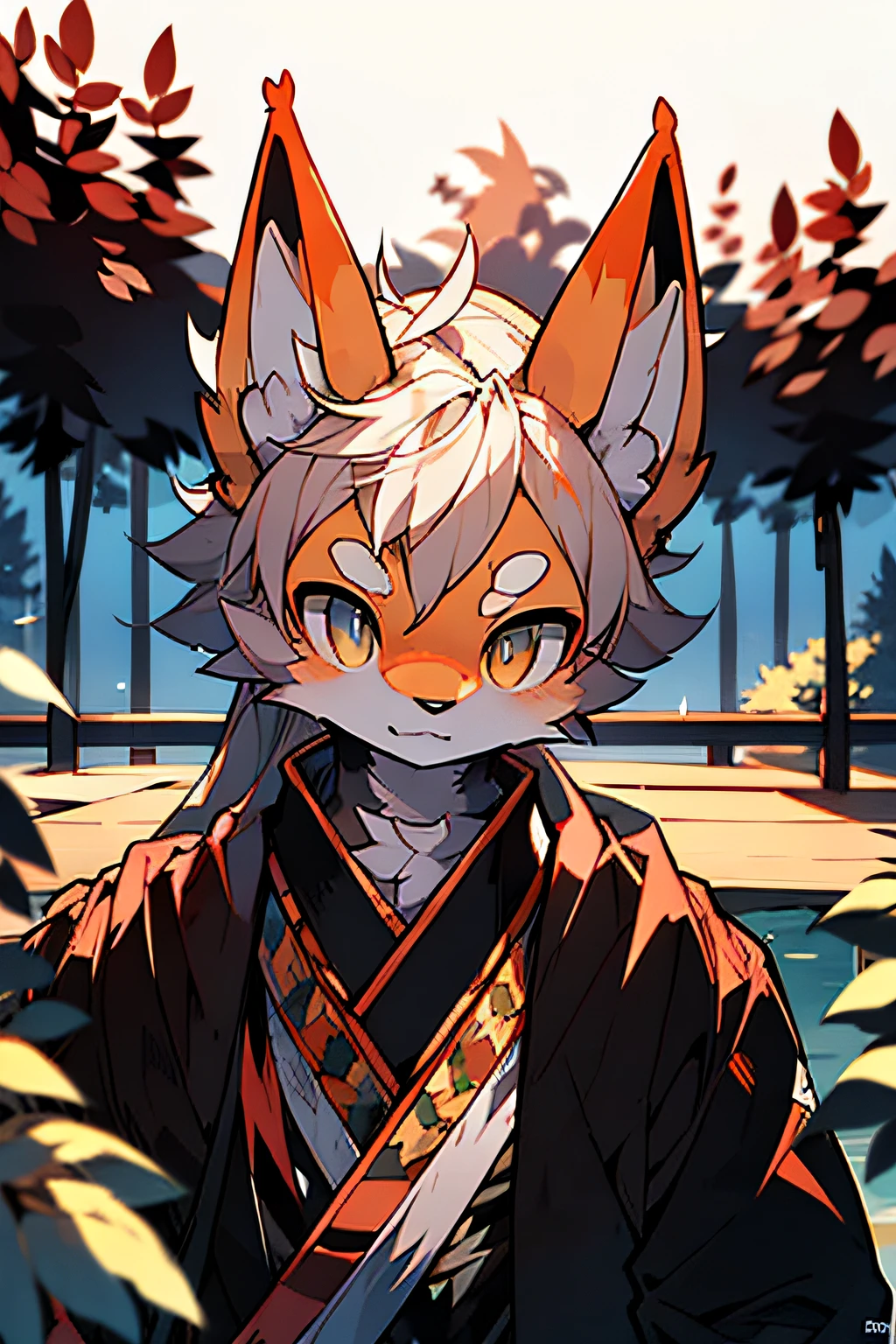 An orange and white fox, furry characters, stunning anime face portrait, Chinese martial arts style, large area of sky, ink wind, contour light, atmospheric atmosphere, depth of field, rising fog, lake water, lotus lotus leaves, boats, pine trees, octagonal stone pavilion, arch bridge, night view