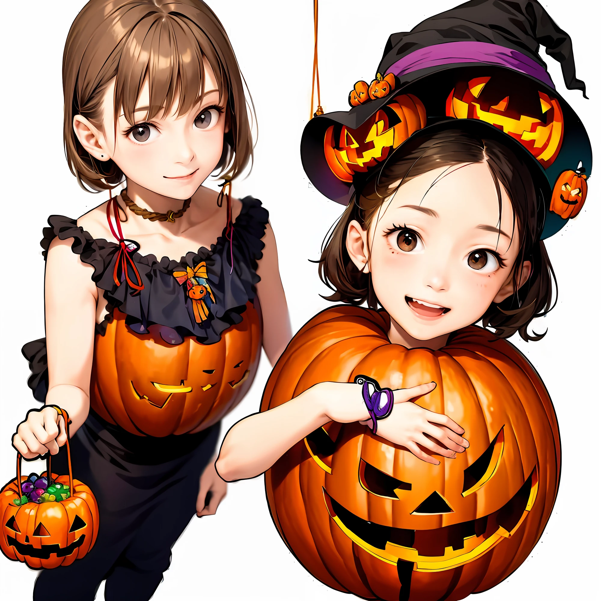 A set of ghost ornaments hanging from the ceiling, spiral rope, Halloween family party, several children realistic, real person, cute appearance, happy expression realistic, real person, pumpkin on the ground
