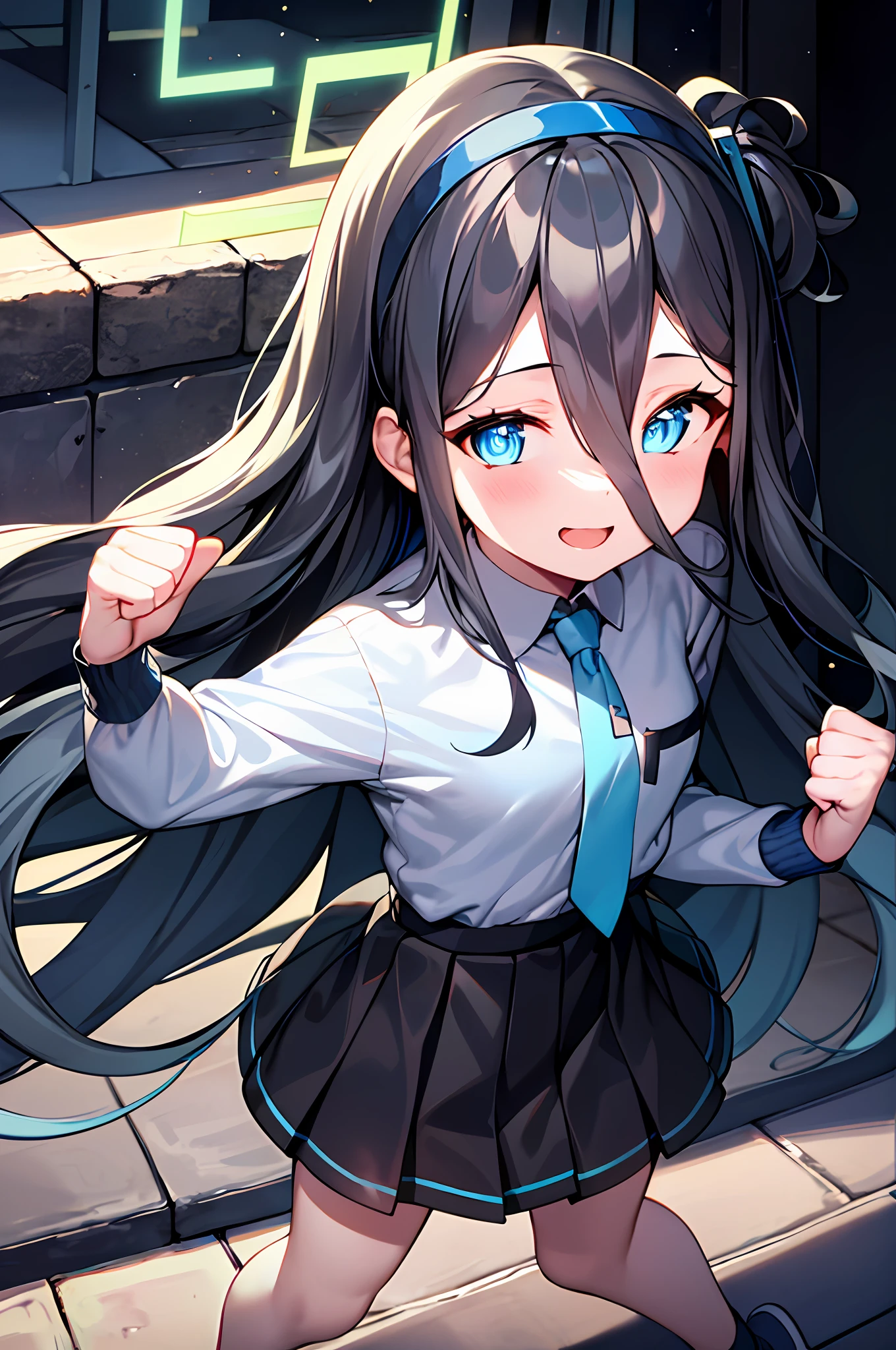 pureerosface_v1:0.66), best quality, ultra high definition, (photorealistic: 1.4), one girl, fine eyes, dark-eyed makeup, slim waist, blush, K-pop idol, (charm: 1.0), fine-eyed makeup, puffy eyes, solo, perfect anatomy, (big), (slender), (black hair: 1), (watch viewers). (original_alice), (light blue tie), (marine blue eyes), (zhuo),(alice_halo:0.7),(blue halo),(smile),(happy),(pigtails),(long hair),(long bangs),(blue archive),(black hair band),(long coat),(school uniform),(white long-sleeved shirt),(pleated skirt),(navy blue skirt), depth of field, facial details, skin luster, beautiful eyes, dark eye makeup, slim waist, blush, fine eye makeup, solo, perfect anatomy.fighting stance. (((gentle smile))).night.room.clench your fists.looking from above.