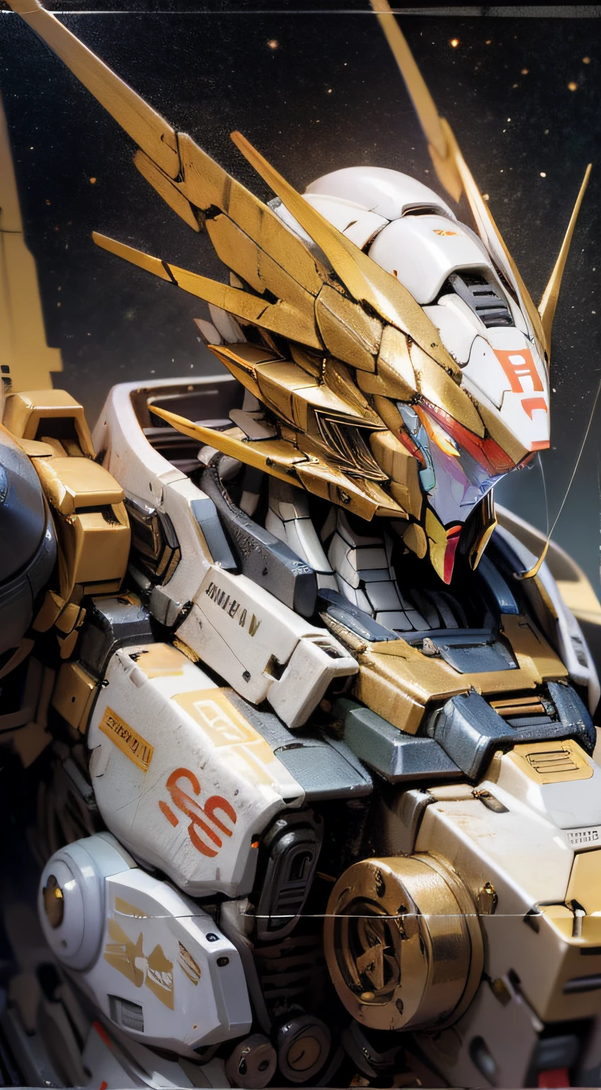 ((Masterpiece, better quality)), illustration, ultra-detailed 8k, realistic, sharp focus, very detailed, professional lighting, colorful details, cosmic starry sky, large mechanical robot structure, Gundam, glossy, intricate details, cyberpunk, upper body, Gundam, Golden Gundam, dragon, shitu-mecha,