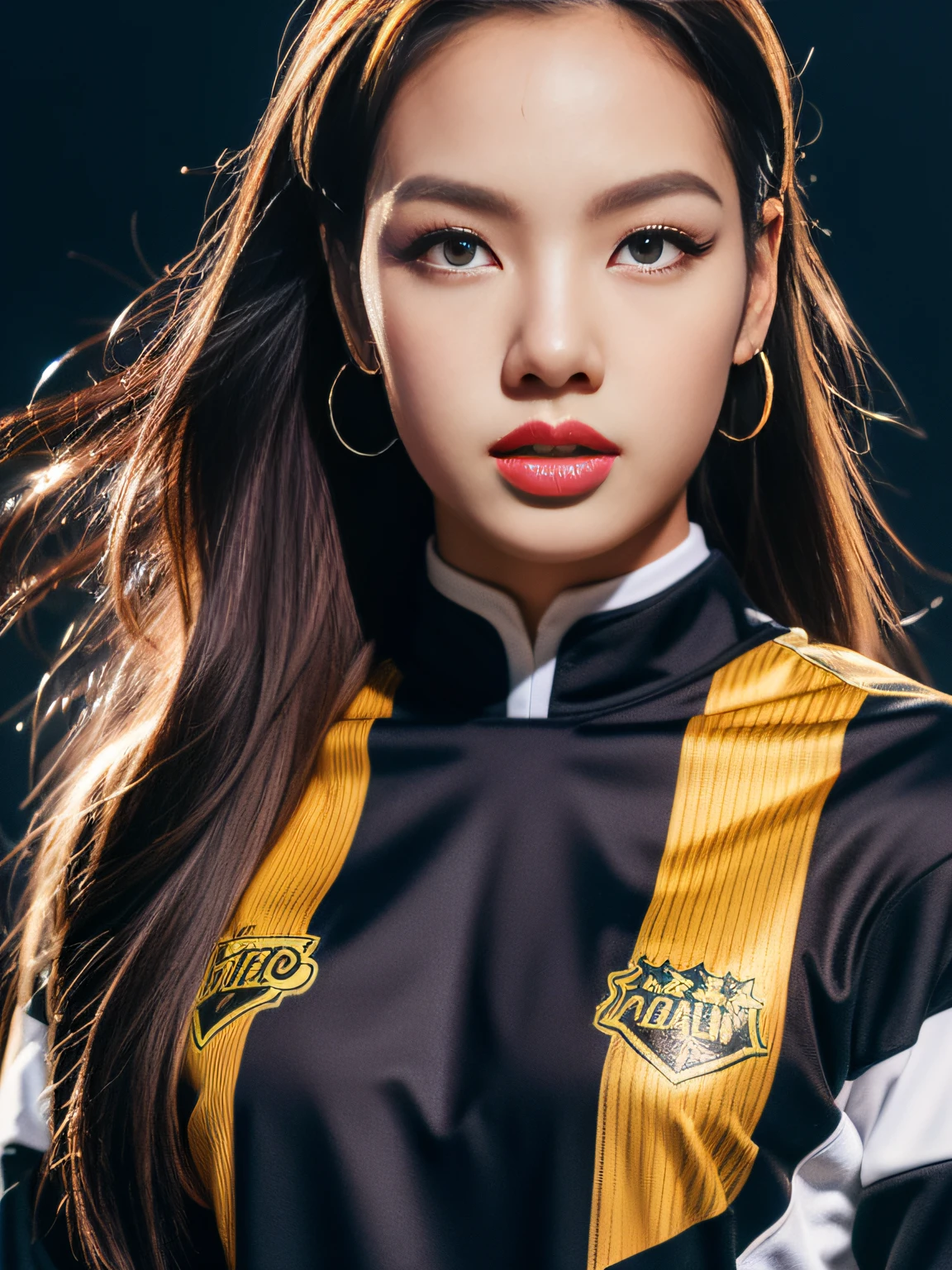 Masterpiece, superlative, realistic, Jennie wearing trendy football uniform, HD, photography and lighting, 16k