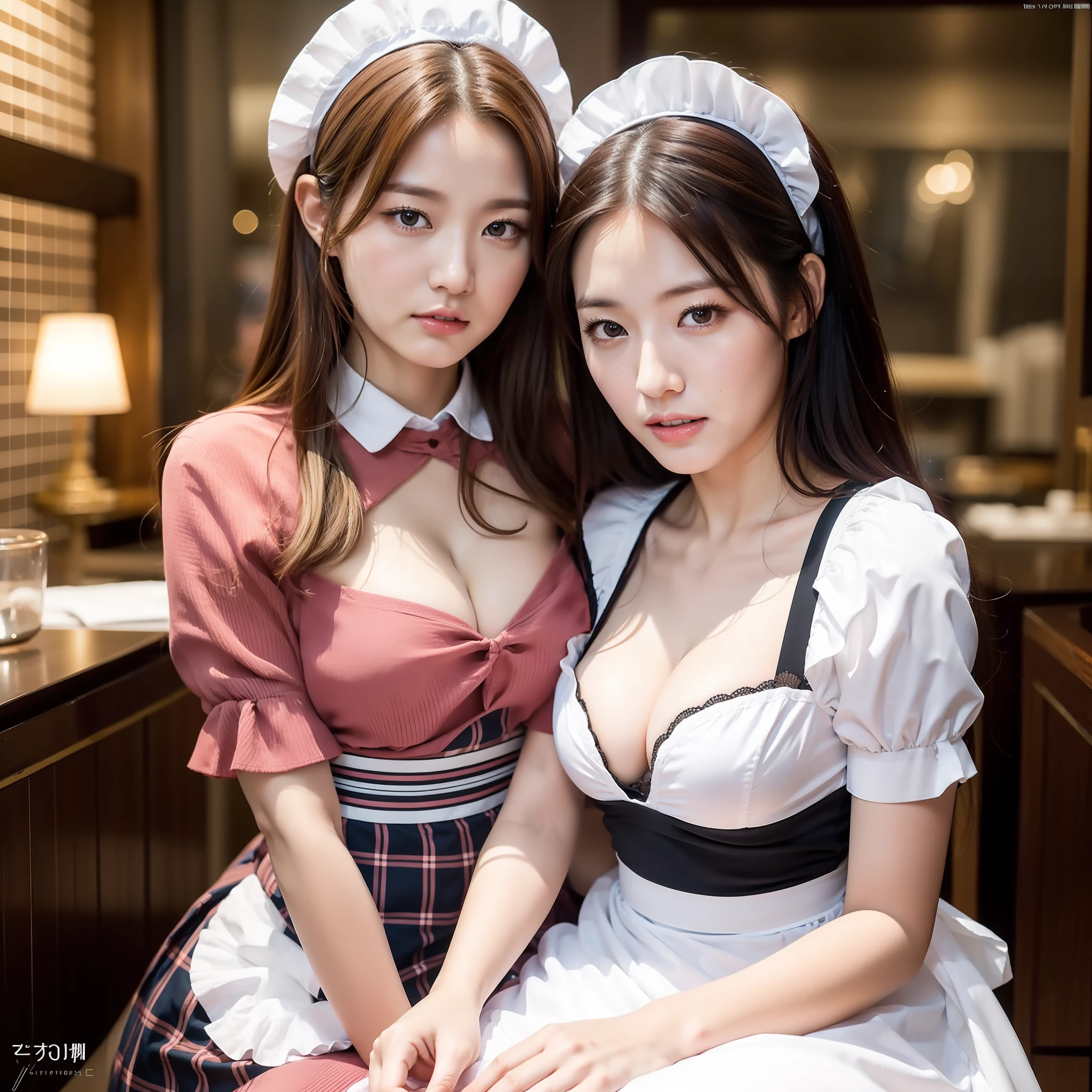 Japan woman, (RAW photo, top quality, masterpiece: 1), high definition RAW color photo, professional photo, (realistic, realistic photo: 1.37), cinematic light, 1 young woman, cleavage, maid, cosplay, sitting next to male customer in shirt, woman in maid hugging male customer, maid café, coffee shop, maid opens mouth wide, male customer's hand touches woman's chest,