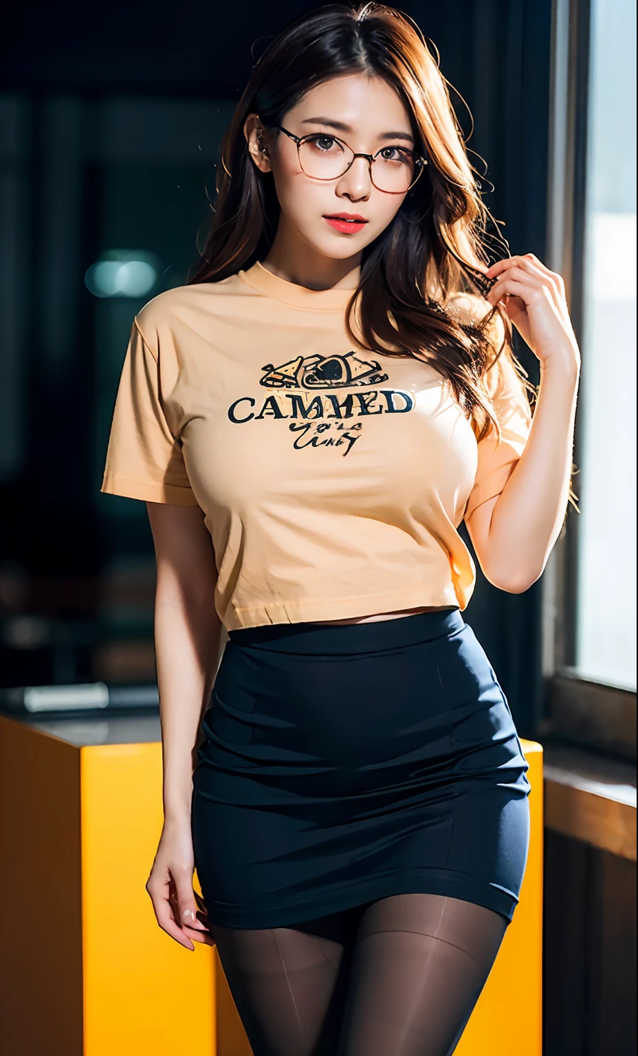 ulzzang-6500-v1.1,(raw photo:1.2), (photorealistic:1.4), beautiful detailed girl, very detailed eyes and face, beautiful detailed eyes, ridiculous, incredibly ridiculous, huge file size, super detailed, high resolution, very detailed, best quality, masterpiece, ((t-shirt)), illustration, very detailed, CG, unified, 8k wallpaper, amazing, fine details, masterpiece, Best quality, very detailed CG unified 8k wallpaper, face light, movie lighting, 1girl, 16 years old, long white hair, side split, (big breasts), (no panties)), (with glasses), (dynamic pose), (sexy pose), ((camel toe))), (half), ((pantyhose)), ((black hip skirt)), (bent knees)))))
