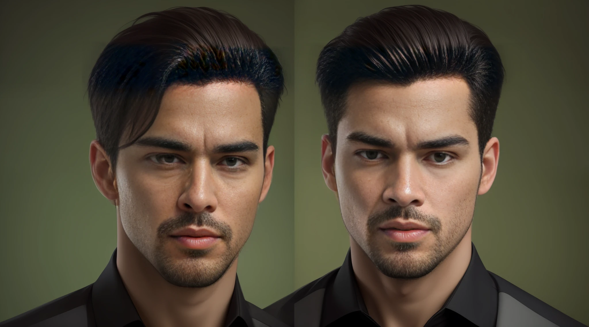 Kael: Portrait of handsome black man, face zoom, serious expression, short hair and no beard, green background