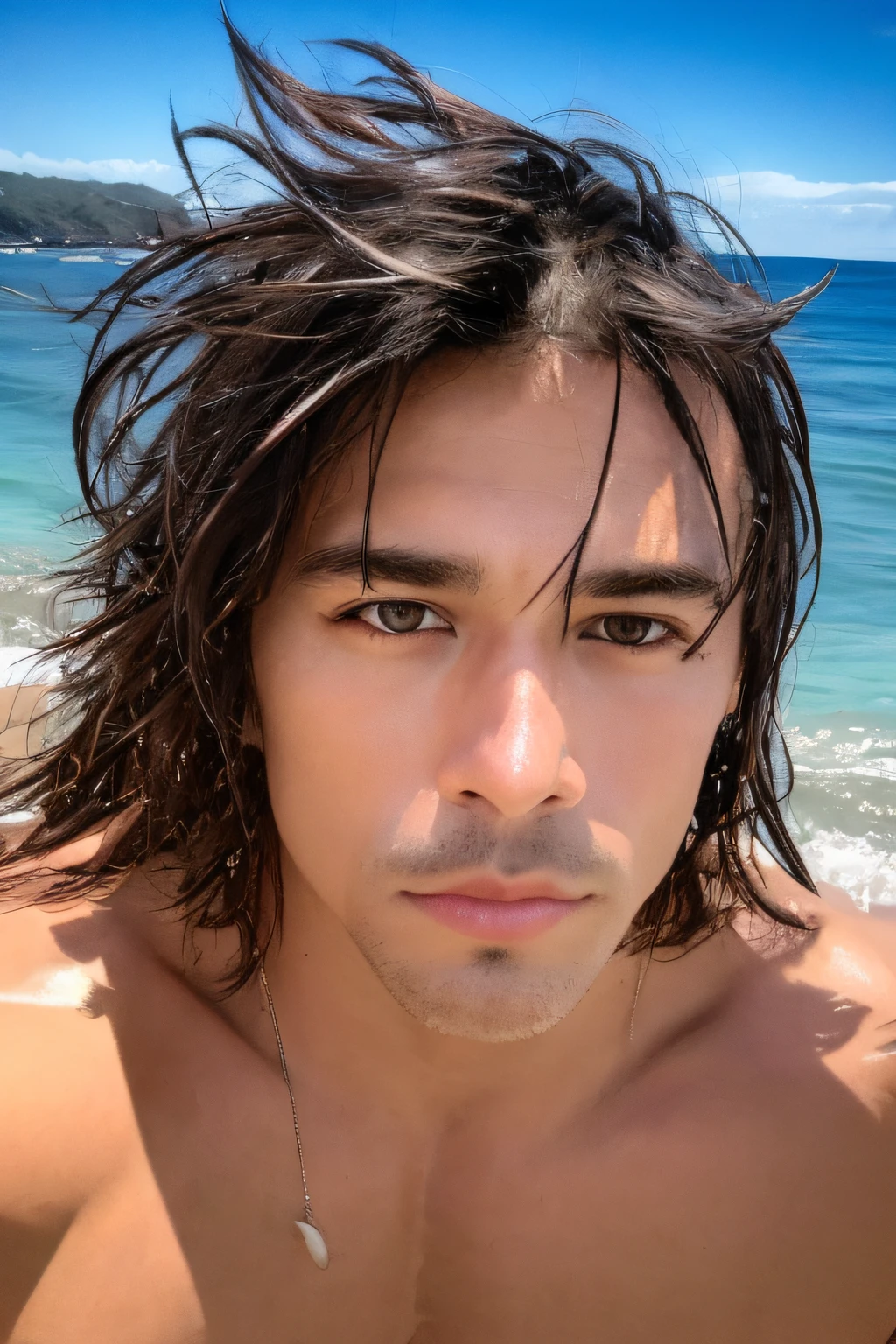 masterpiece, best quality, realistic "An astonishing self-portrait of a {{muscular}} shirtless young man, showing off his close up face with piercing (((red eyes))), and shoulder-length messy hair. The scene is set against a breathtaking beach background, with the sound of the ocean waves crashing in the background. This man sits proudly next to the water, radiating confidence and strength."