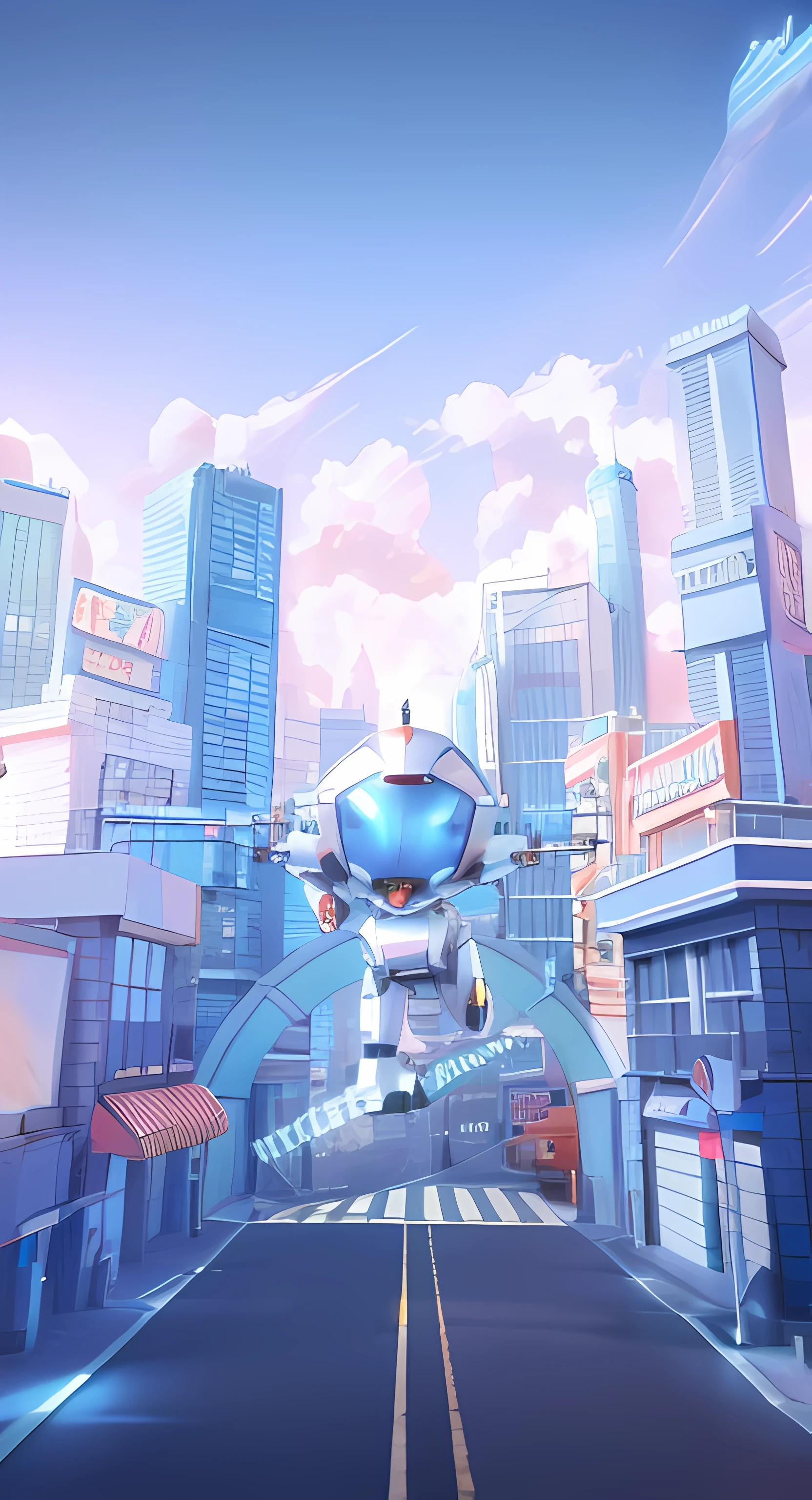 cartoon character of a robot on a city street with a sign, 3 d render stylized, 8 k cartoon illustration, 3d illustration, 3 d illustration, stylized 3d render, in a futuristic city, cute 3 d render, cybernetic city background, futuristic city backdrop, in a cybercity, 4 k hd illustrative wallpaper, 3 d stylize scene