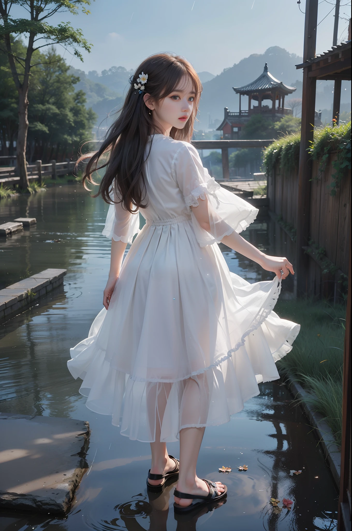 (8k, RAW photo: 1.2), highest quality, ultra high resolution, full body, (fluttering detailed color splash), (illustration), (one girl))), (long hair), (rain: 0.9), (hair ornament: 1.4), there is an ancient palace beside a woman, dress, (focus), color ink wash painting, (color splash), colorful splash, ( Colorful))), (sketch: 0.8), masterpiece, highest quality, beautifully painted, highly detailed, (noise removal: 0.6), [splash ink],((ink refraction),(beautiful detail sky),moon,high,detail,(masterpiece, best quality, highly detailed cg unity 8k wallpaper,masterpiece, best quality, super detail),(Lycoris radiata)