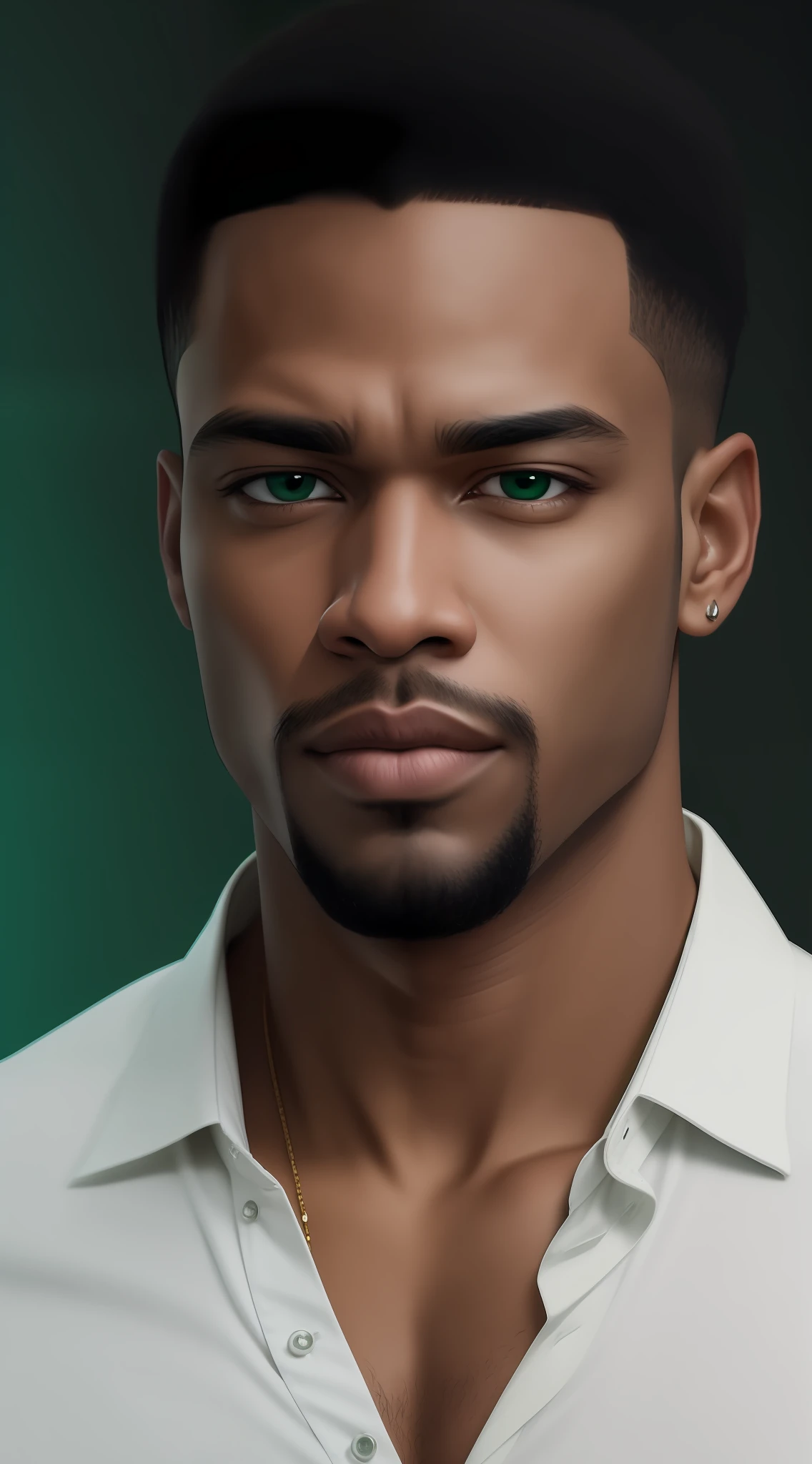 Kael: Portrait of handsome black man, face zoom, serious expression, short hair and no beard, green background