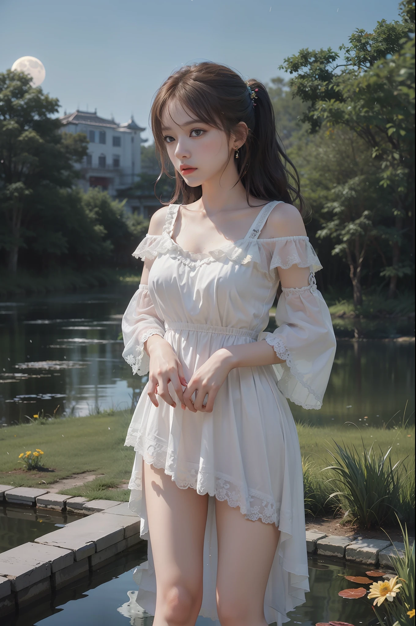 (8k, RAW photo: 1.2), highest quality, ultra high resolution, full body, (fluttering detailed color splash), (illustration), (one girl))), (long hair), (rain: 0.9), (hair ornament: 1.4), there is an ancient palace beside a woman, dress, (focus), color ink wash painting, (color splash), colorful splash, ( Colorful))), (sketch: 0.8), masterpiece, highest quality, beautifully painted, highly detailed, (noise removal: 0.6), [splash ink],((ink refraction),(beautiful detail sky),moon,high,detail,(masterpiece, best quality, highly detailed cg unity 8k wallpaper,masterpiece, best quality, super detail),(Lycoris radiata)