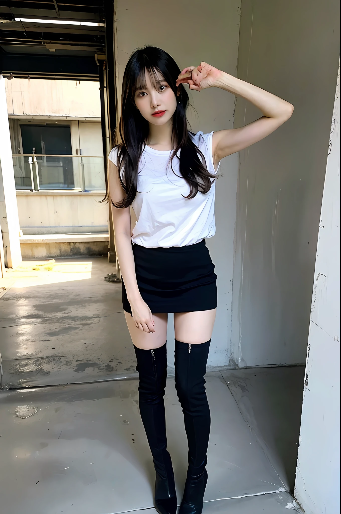 mix4, 20d, solo, long_hair, shirt, dress, high_heels,full_body, look_at_viewer, (8k, RAW photography, best quality, masterpiece:1.2), (realistic, photorealistic:1.37), professional lighting, photon mapping, radiosity, Physically Based Rendering, Black Hair, Short Hair, Thigh Boots Sleeveless Underwear Micro Mini Skirt , Supine Position Volup, Thick Legs, Big,