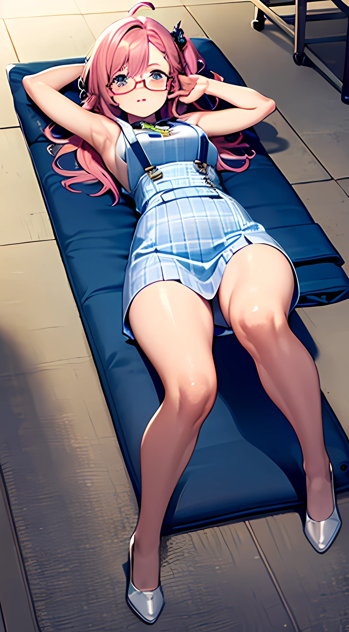 (Masterpiece: 1.2, Best Quality), (Lighting) 1 Lady, Solo, Short Hair, Big, (Glossy Skin: 1.2), , Glasses, Wavy Pink Hair, Pink Suspenders, Head, Head, Harajuku Style, Hairpin, Lori, Ahoge, Student, Neat, Cute Pose、、、 Gymnasium, On Mat, Lying Down, Armpit, Unity, 8k Wallpaper, Amazing, Fine Details, Official Art, Fold your legs, sexy