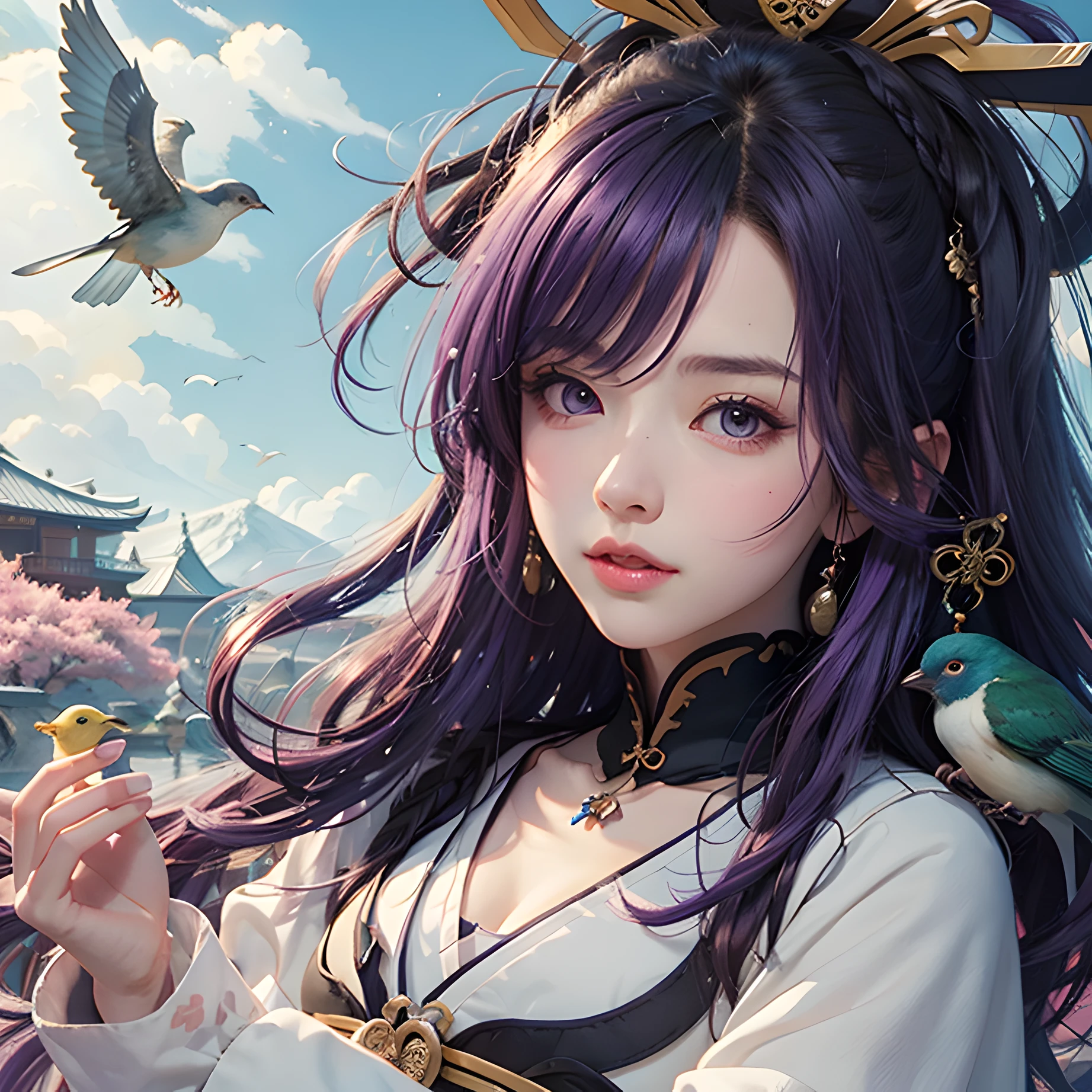 anime girl with purple hair holding a bird and a bird on her hand, ayaka genshin impact, keqing from genshin impact, zhongli from genshin impact, ayaka game genshin impact, official artwork, shikishi, genshin, illustrious makinami, high detailed official artwork, marin kitagawa fanart, onmyoji portrait, onmyoji