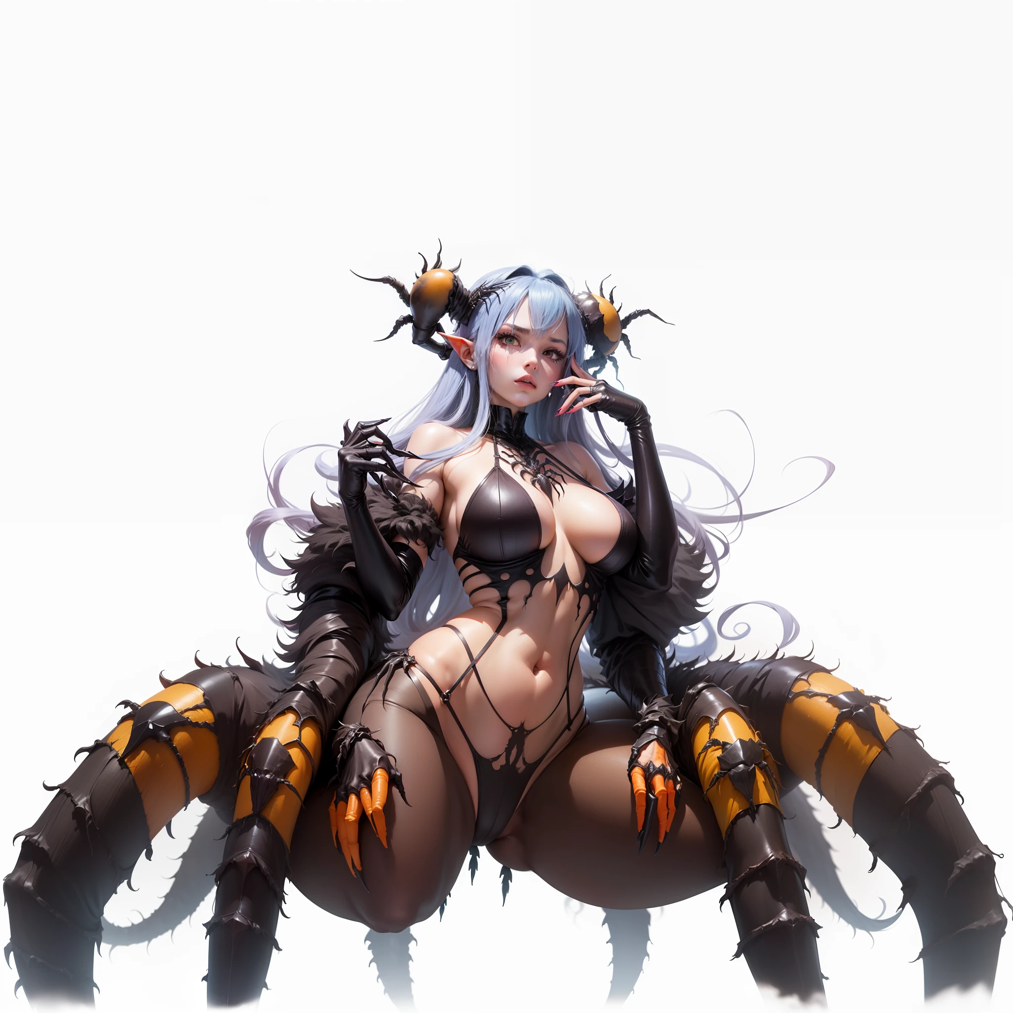 In deep forest background, anime - style rendering of woman with giant spider, spider, anime monster girl, spider, april rendering, spider legs big, spider, spider legs, goddess of darkness, 6 claws, claws, spider phobia, anime girl, monster girl, big spider, spider, banshee, banshee, half-human monster, spider belly unchanged, human upper body and spider fusion, fused into one