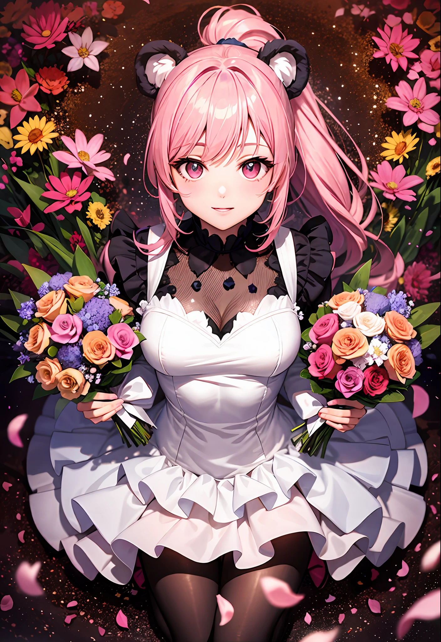 Anime Kuma Bear Bear, Bear Costume, Pink Hair, High Ponytail, Pretty Girl, Full Body, Pink Eyes, High Resolution, High Quality, Celebration, Bouquet, Light Effect, Overhead View, Mosaic Art Background, Deep Composition, Petal Effect