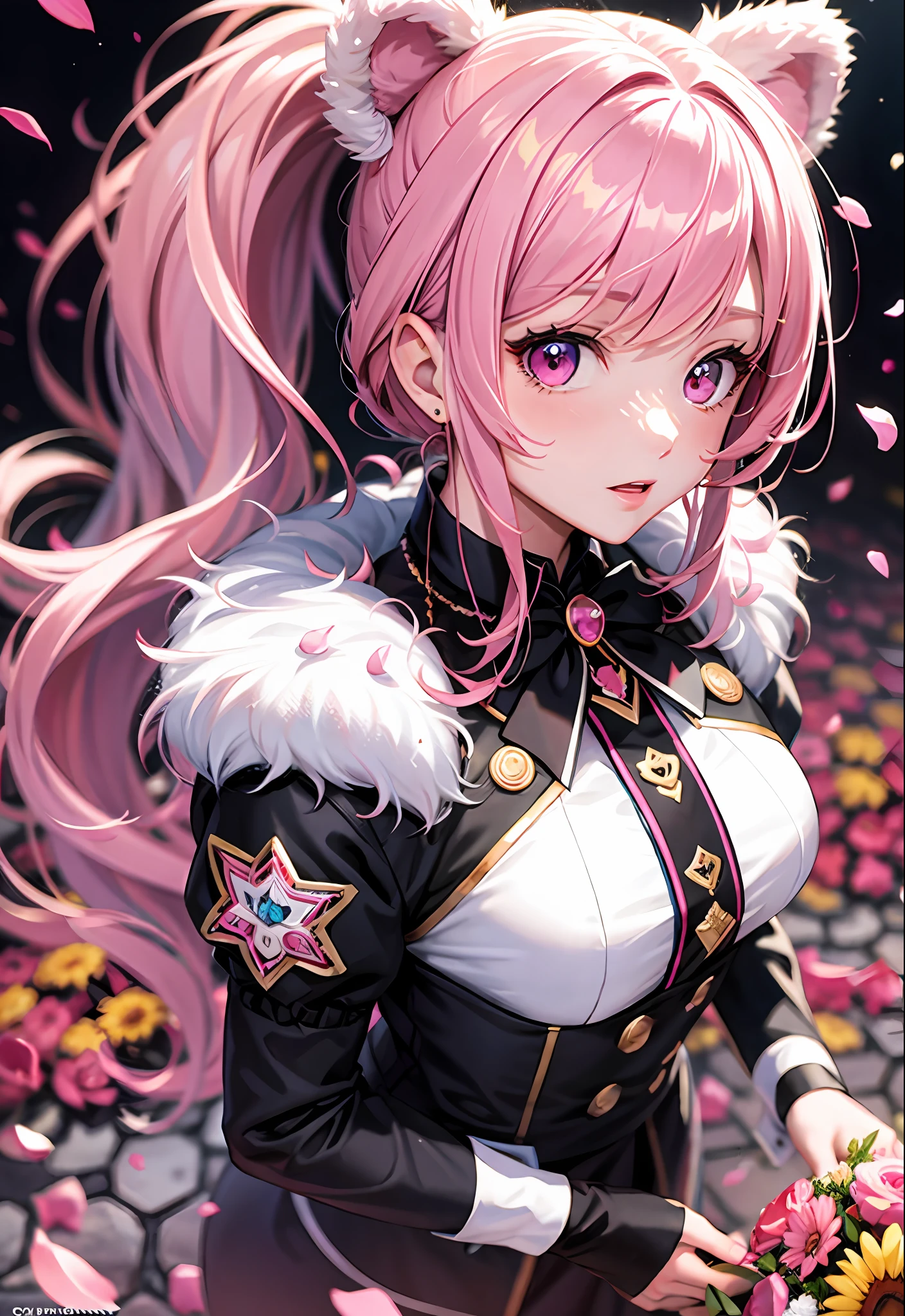 Anime Kuma Bear Bear, Bear Costume, Pink Hair, High Ponytail, Pretty Girl, Full Body, Pink Eyes, High Resolution, High Quality, Celebration, Bouquet, Light Effect, Overhead View, Mosaic Art Background, Deep Composition, Petal Effect