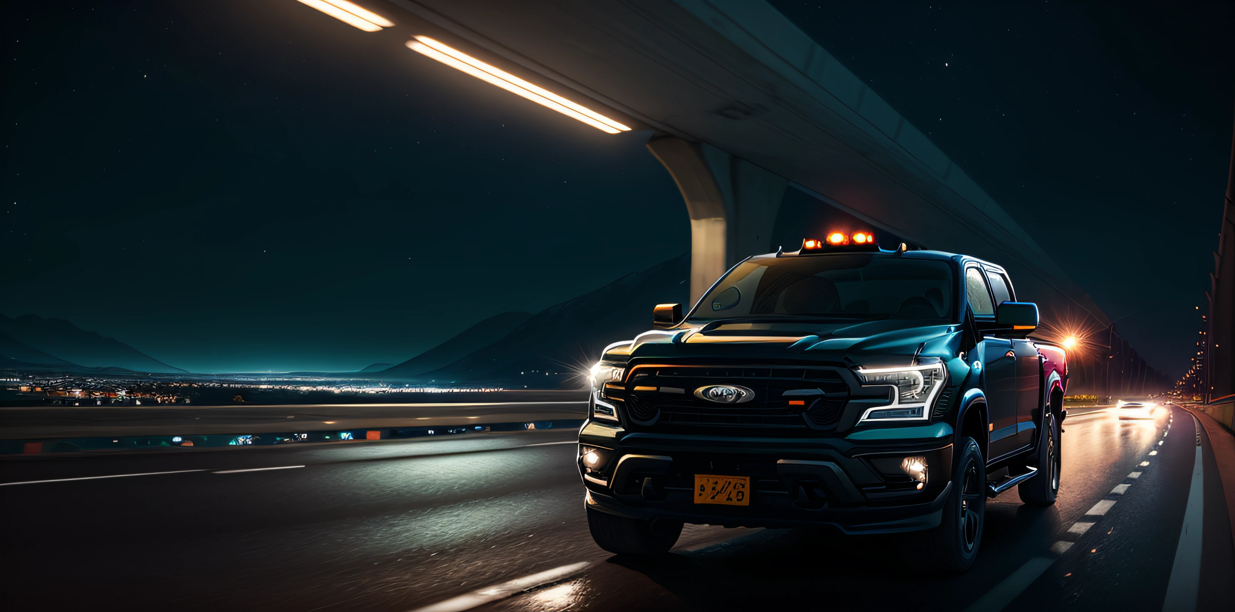 Pickup truck driving on the road at night, vehicle photography, car photography, by Adrian Zingg, pickup truck rendering, product car shooting, Daniel Siggs, car photography, rendering in lumion pro, extreme rendering, pre-movie shot, Marc Adamus, Anthony Devas, inspired by Adrian Zingg, strong perspective, detail of distant scenery, strong sense of light, strong contrast, complete picture, vehicle size occupies one-fifth of the picture, strong sense of highway perspective