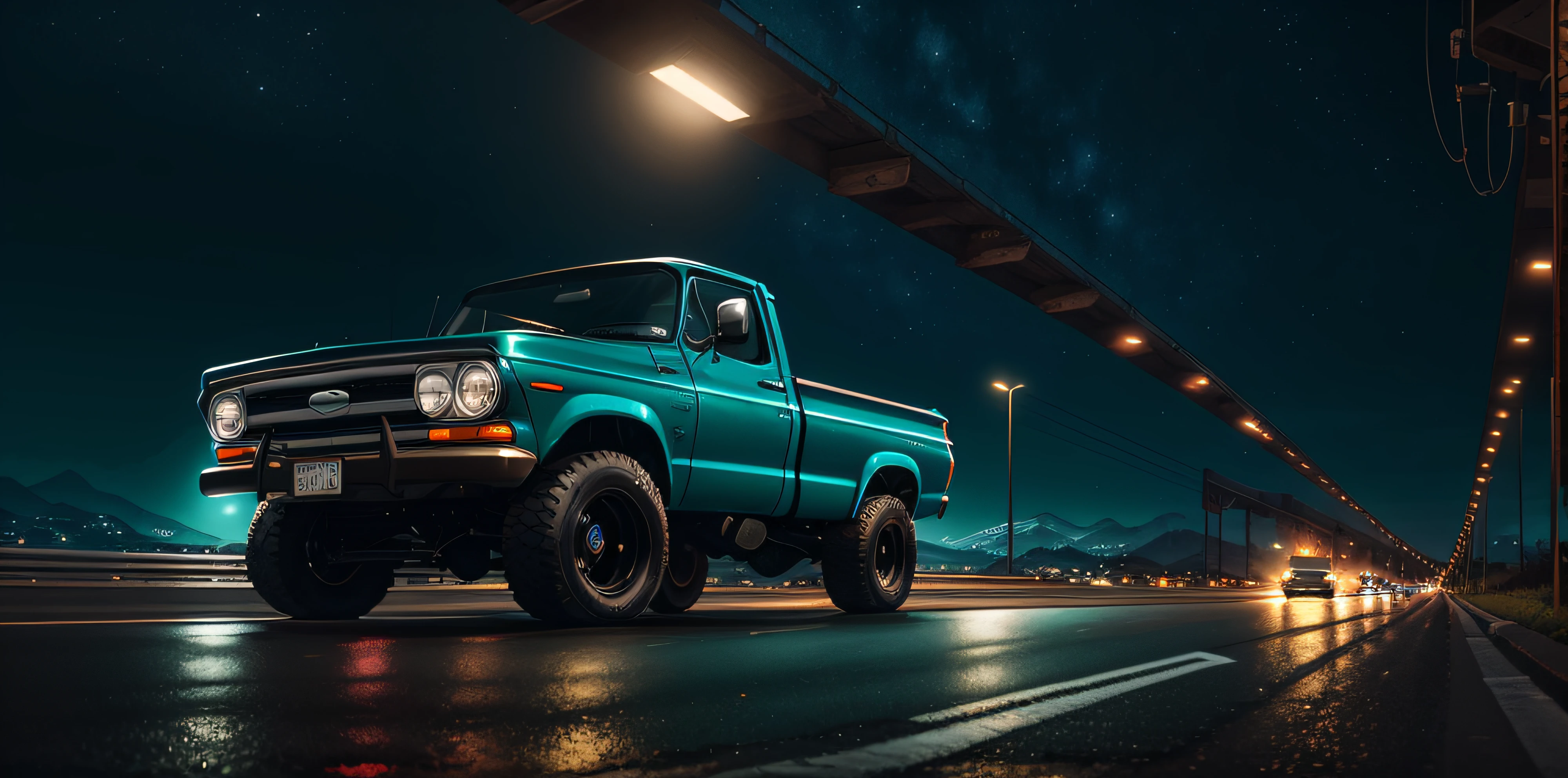 Pickup truck driving on the road at night, vehicle photography, car photography, by Adrian Zingg, pickup truck rendering, product car shooting, Daniel Siggs, car photography, rendering in lumion pro, extreme rendering, pre-movie shot, Marc Adamus, Anthony Devas, inspired by Adrian Zingg, strong perspective, detail of distant scenery, strong sense of light, strong contrast, complete picture, vehicle size occupies one-fifth of the picture, strong sense of highway perspective