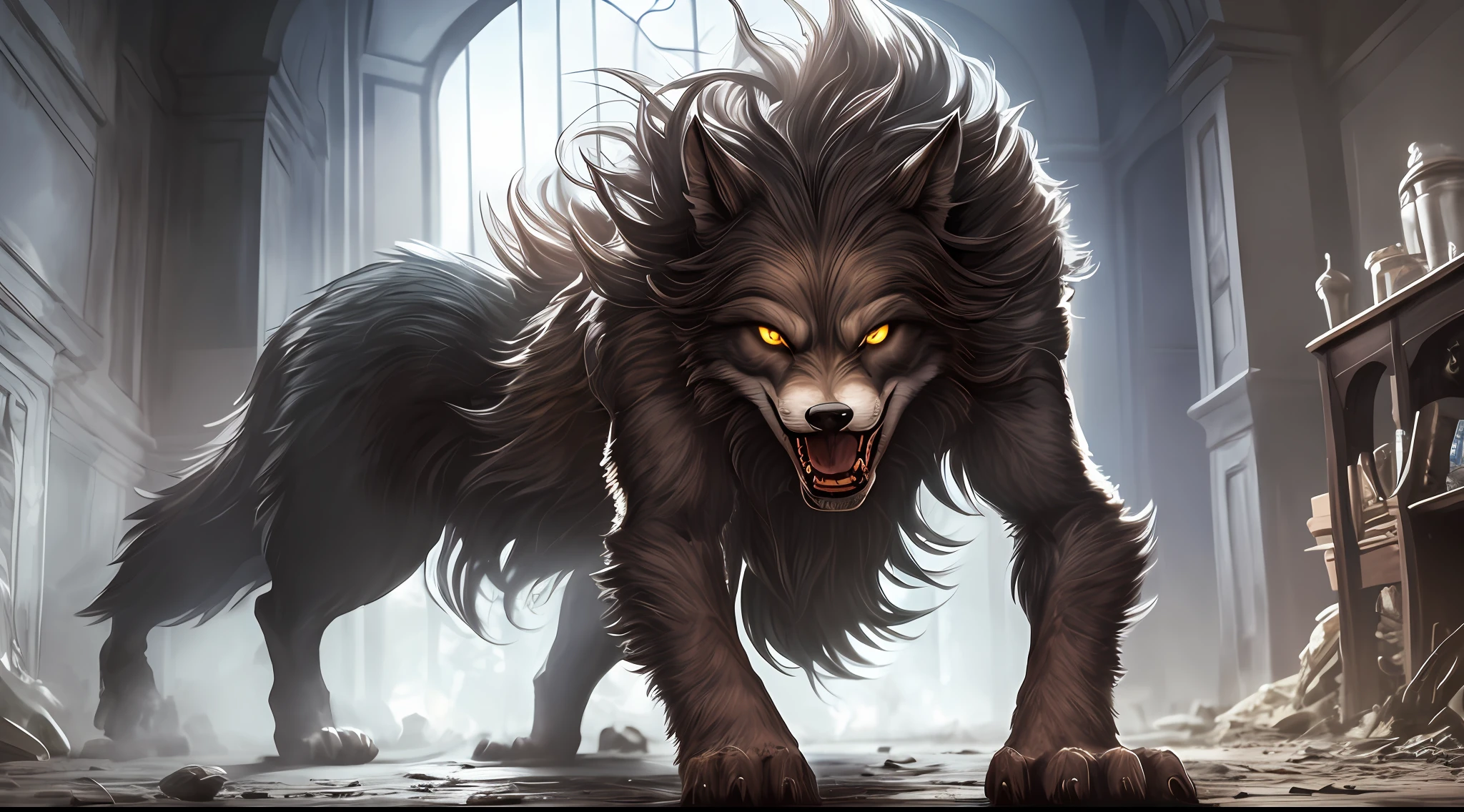 A stunning young woman on all fours, transforming into a werewolf, with realistic details, great lighting, and emotional expression.
