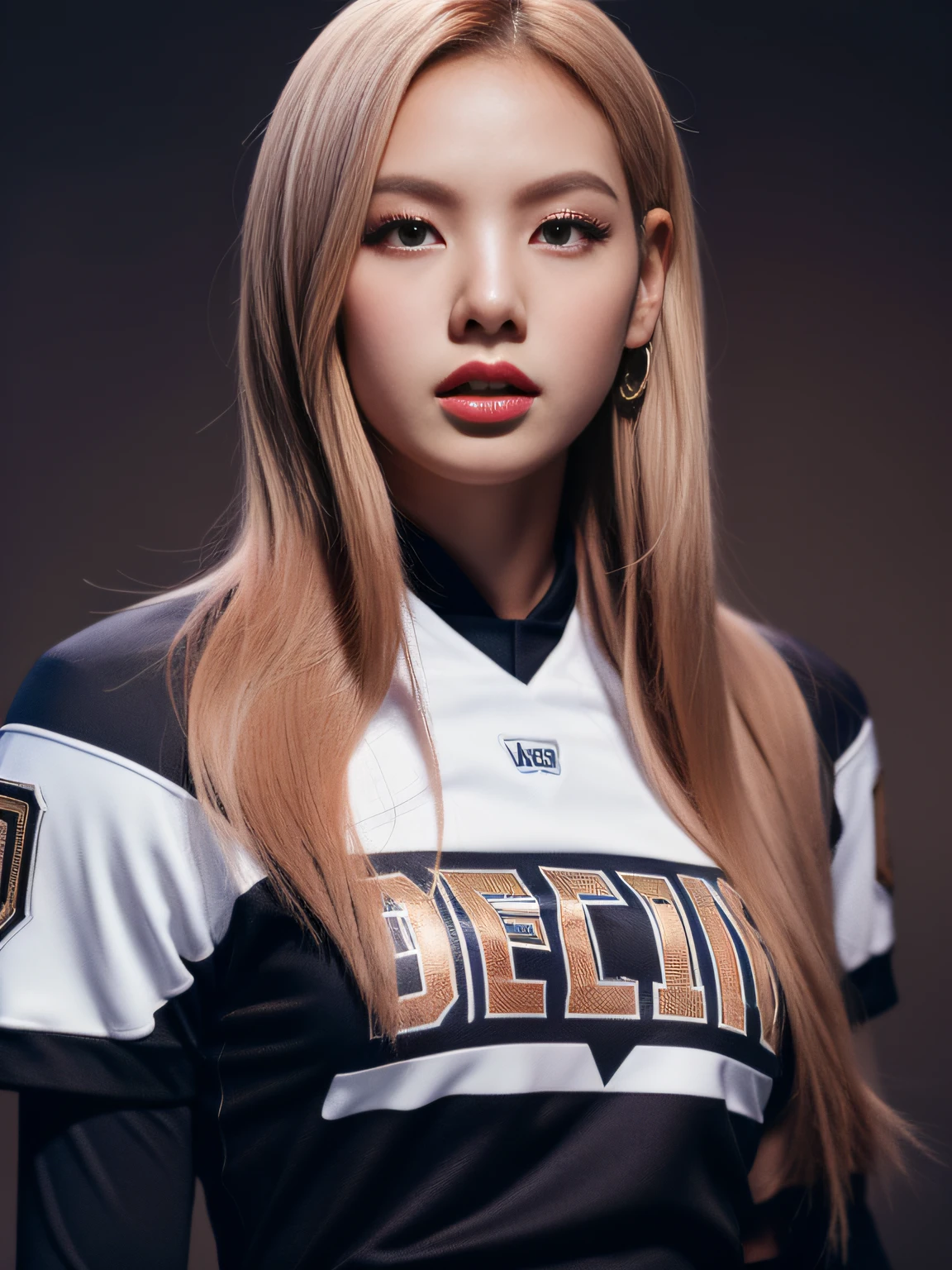 Masterpiece, superlative, realistic, Jennie wearing trendy football uniform, HD, photography and lighting, 16k