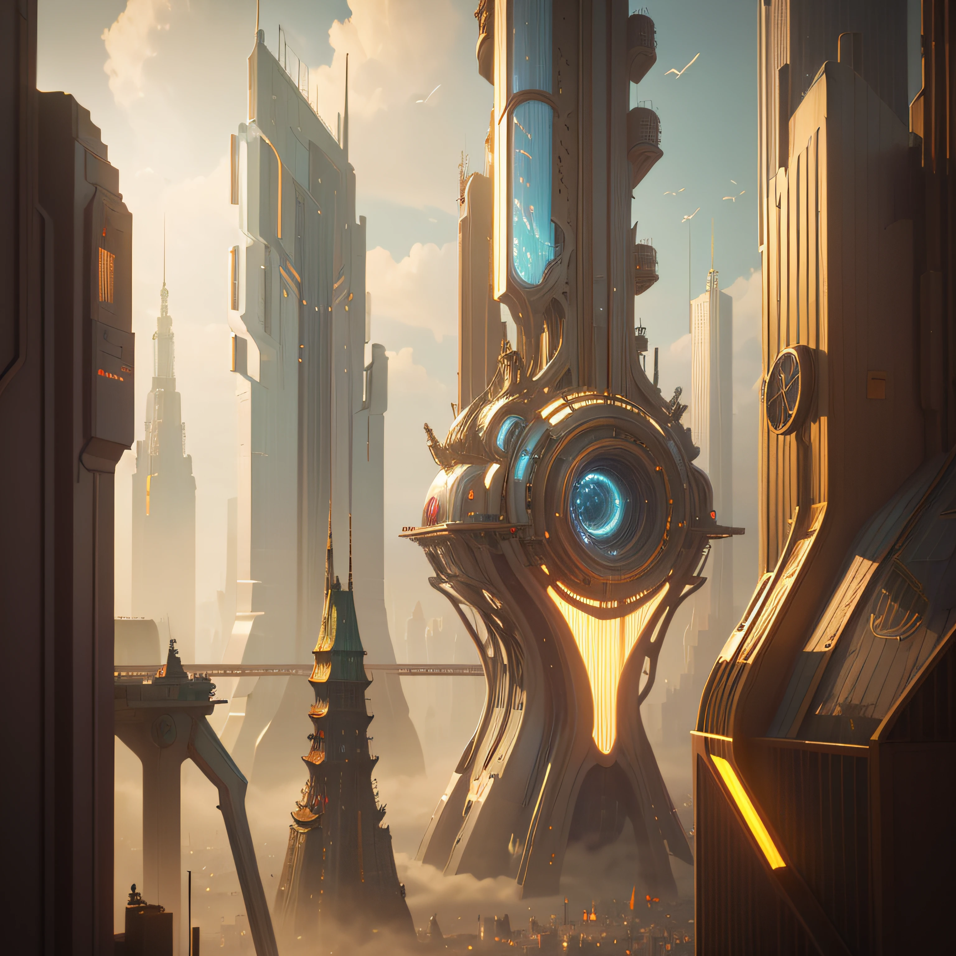 Futuristic world with super technology, best quality, masterpiece, super high resolution, cyberpunk, cityscape, holographic, gold tone, silver, premium