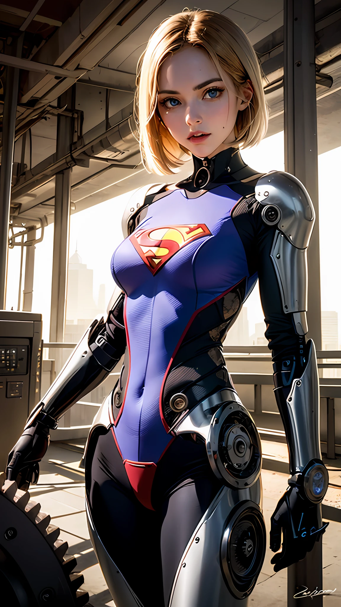 One-sided layered cut Bob, (Blonde hair: 1.3), ((Transparent blue eyes (purple)), ((Beautiful, detailed eyes, Jewel-like eyes, Bright blue eyes: 1.3)) , The female body incorporates mechanical components such as gears with supernan S on the chest, wires and circuits that merge with the female's natural shape to create a visually captivating and futuristic aesthetic.  The mechanical elements emphasize precision and functionality, with interlocking gears and gears that work harmoniously with the feminine physique.  Female faces can have cybernetic enhancements, such as glowing eyes, neural implants, and metallic facial features that symbolize the fusion of man and machine.  This work of art embodies both the strength of a woman and the grace of the human spirit.  Lighting and shadows play an important role, increasing the contrast between organic and mechanical elements and adding depth to the composition.  It emphasizes the mechanical nature of the artwork.  Background details can include futuristic cityscapes, industrial landscapes, or abstract patterns to further enhance the futuristic feel.  Overall, the work captures the essence of a woman embracing the integration of machines, celebrating the possibilities and complexities of a future where humans and technology coexist, wearing Superman's S symbol on her chest.