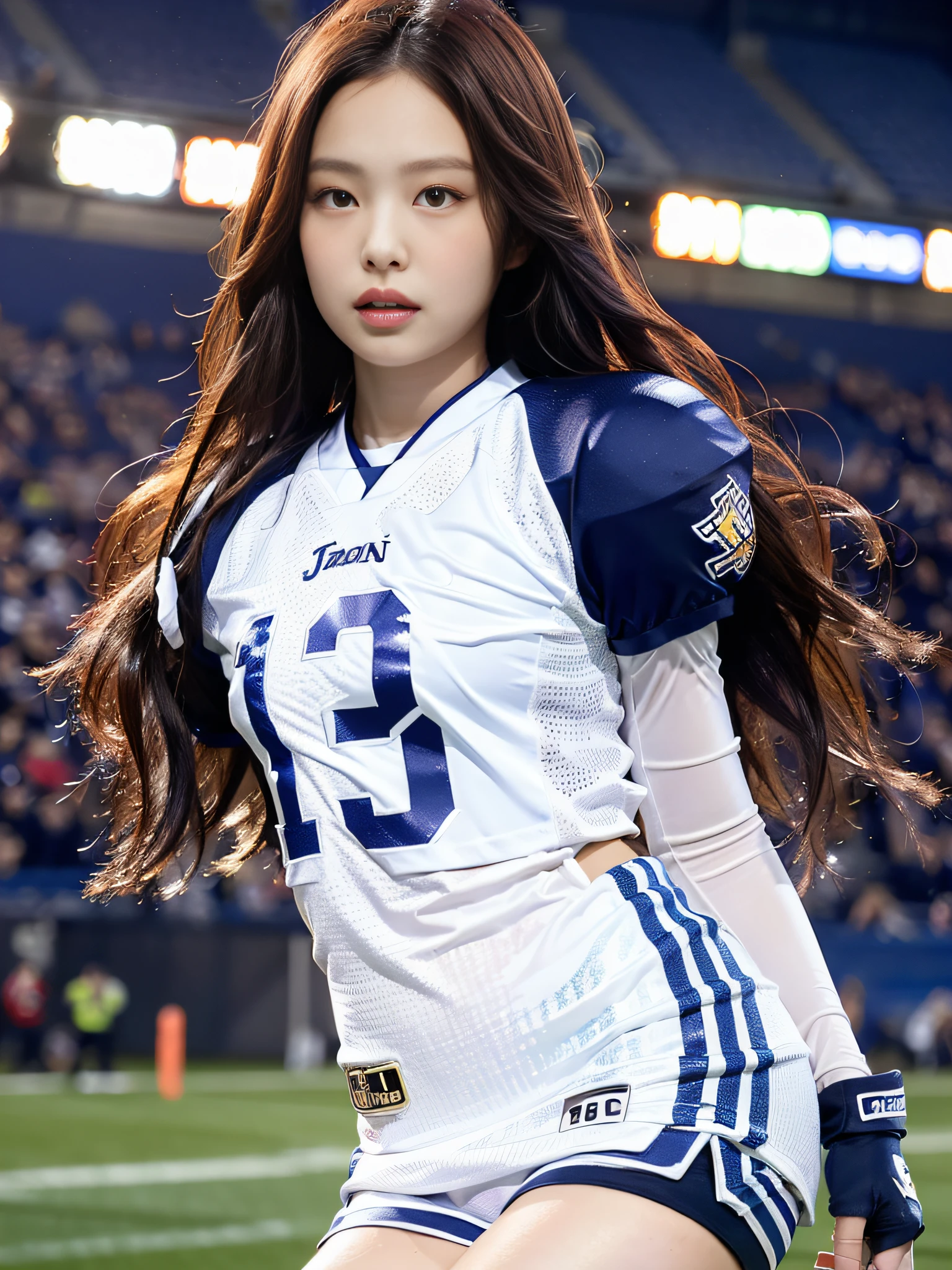 Masterpiece, superlative, realistic, Jennie wearing trendy football uniform, HD, photography and lighting, 16k