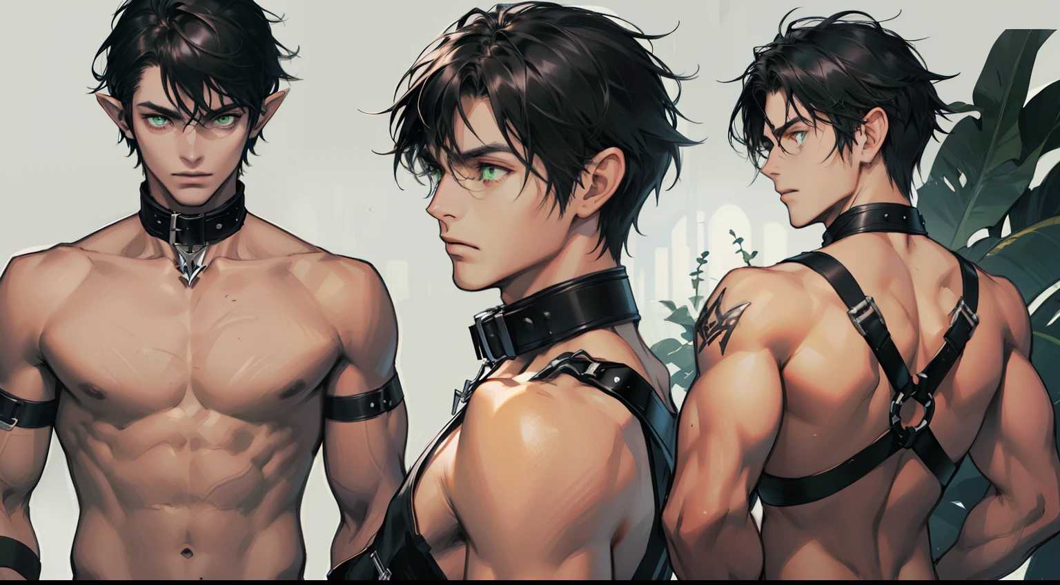 (absurdres, highres, ultra detailed), 1 male, elf adult, handsome, tall slender guy, narrow eyes, narrow shoulders, finely detailed eyes and detailed face, messy shaggy black hair, side bangs, bangs, green eyes, sexy twink, shirtless, final fantasy 14, slave collar, full body shot, backside, cute butt, back view, submissive expression, defiant expression
