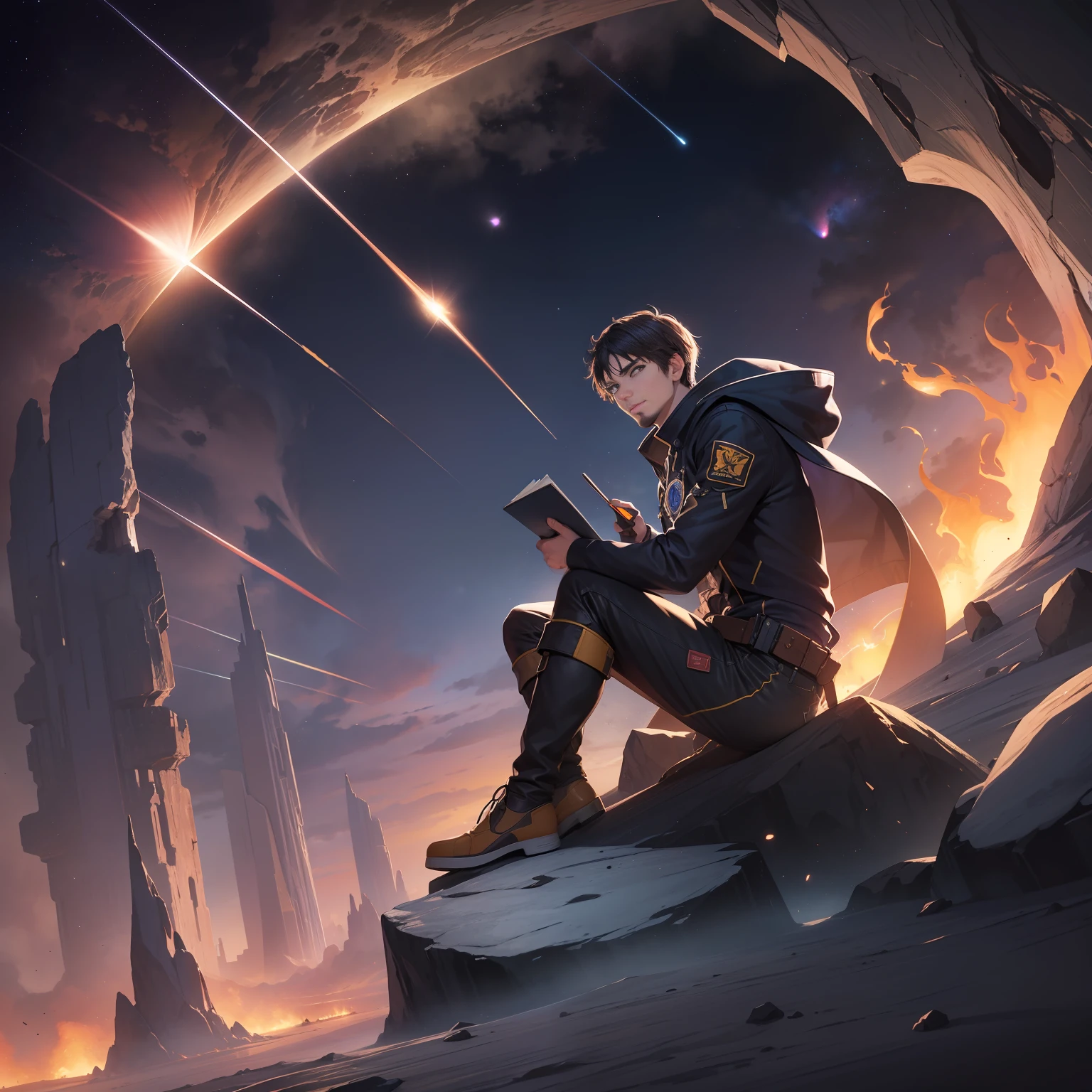 Draw a young programmer, sitting on a research platform floating in the middle of an asteroid belt. He is studying with a notebook, surrounded by several asteroids glowing with fiery auras. Dramatic lighting from distant stars and planets illuminates the scene, casting deep shadows on the suit. The young man looks confident and determined, looking at the vast and mysterious universe with wonder and respect,facial hair, cowboy shot,