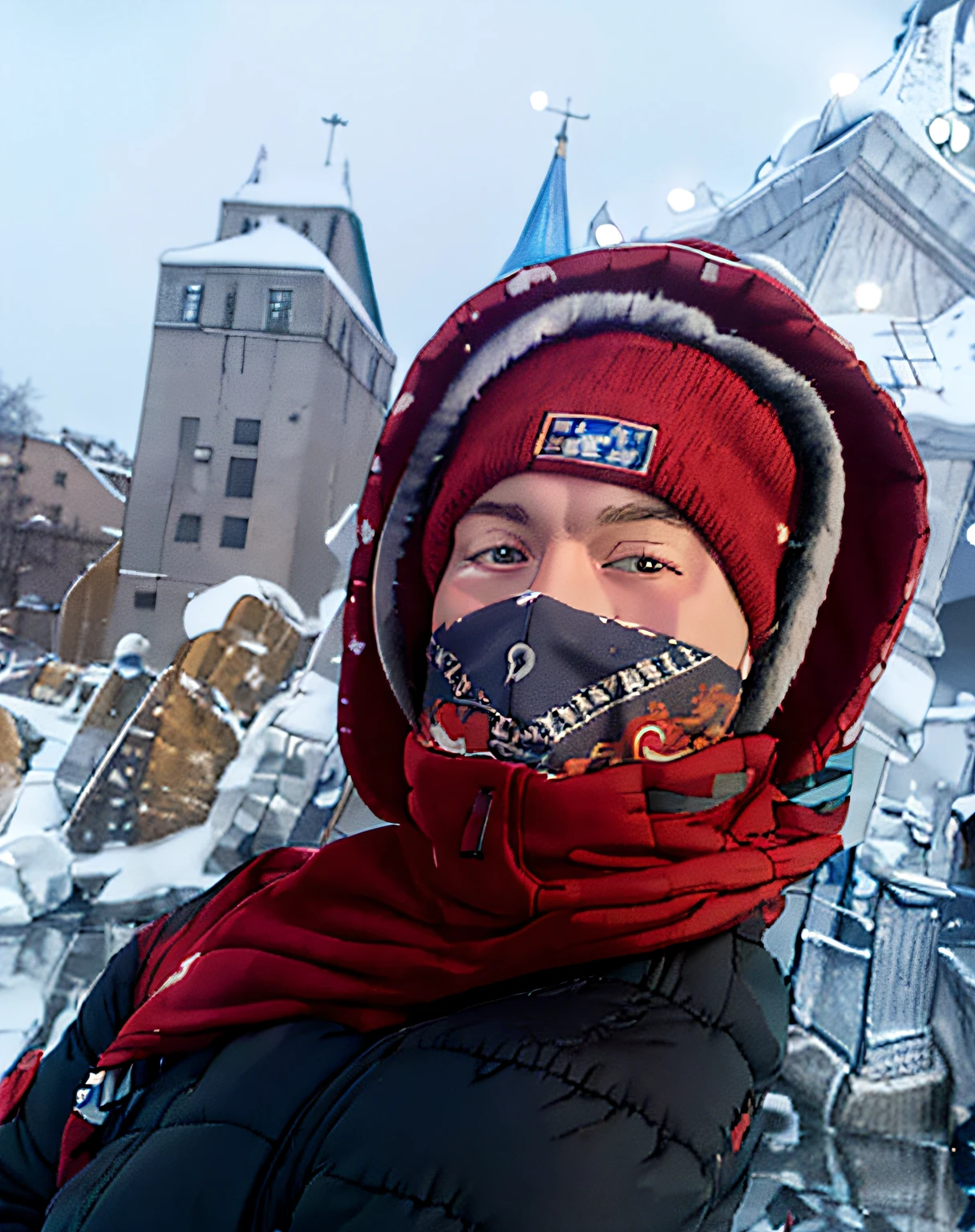 Man wearing a red bandana and a black jacket, cold as ice! 🧊 , profile picture 1024px, 8 k, profile picture, in the center of Moscow, cold, mirror edge in Russia, selfie photography 8k,