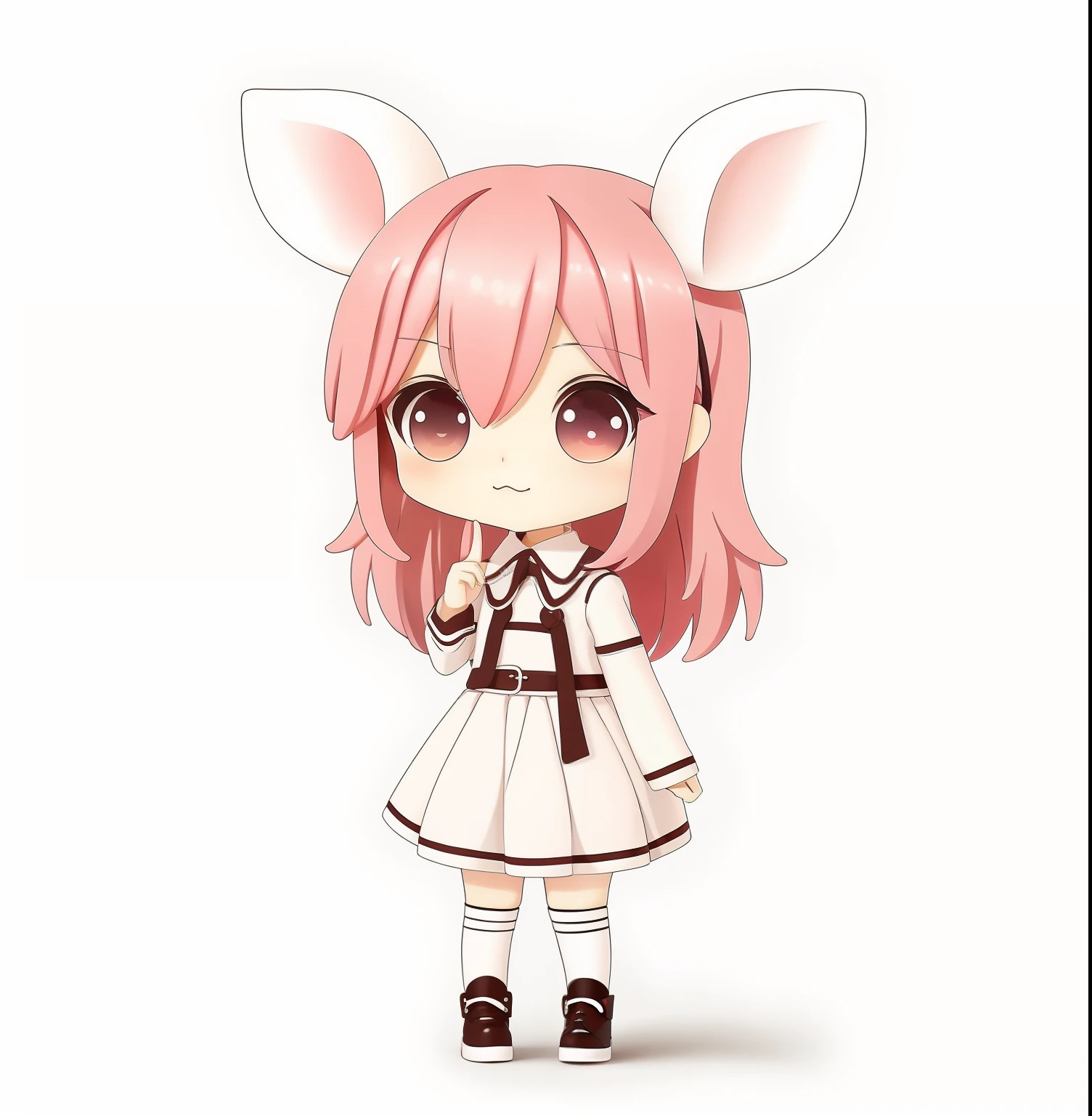 Chibi, full body, white background, high detail, UHQ, pink hair, anime moe art style, chibi, rabbit ears, style for nendoroid, cute character, moe, big rabbit ears, , index finger, anime chibi, kawaii chibi, root height
