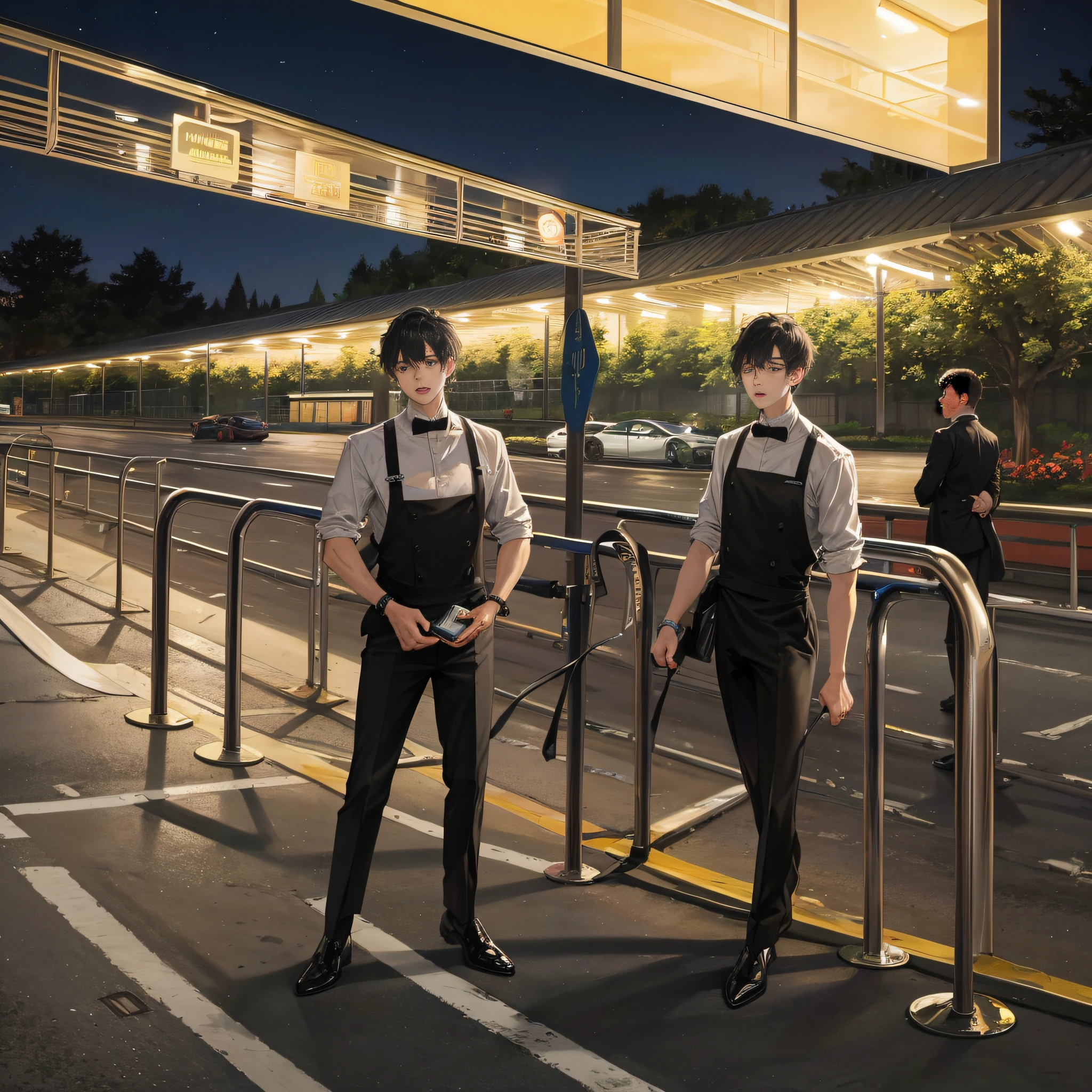 Masterpiece, best picture quality, outdoor, night, racing track, clearance, a waiter holding a car key in his hand, careful, surprised, unbelievable, luxurious, extravagant,