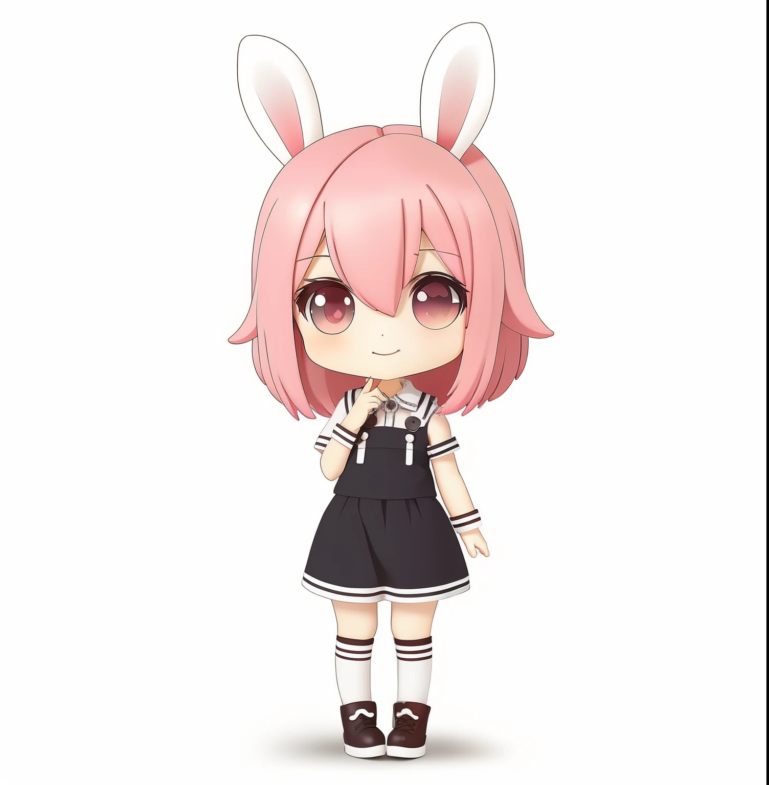 Chibi, full body, white background, high detail, UHQ, pink hair, anime moe art style, chibi, rabbit ears, style for nendoroid, cute character, moe, big rabbit ears, , index finger, anime chibi, kawaii chibi, root height