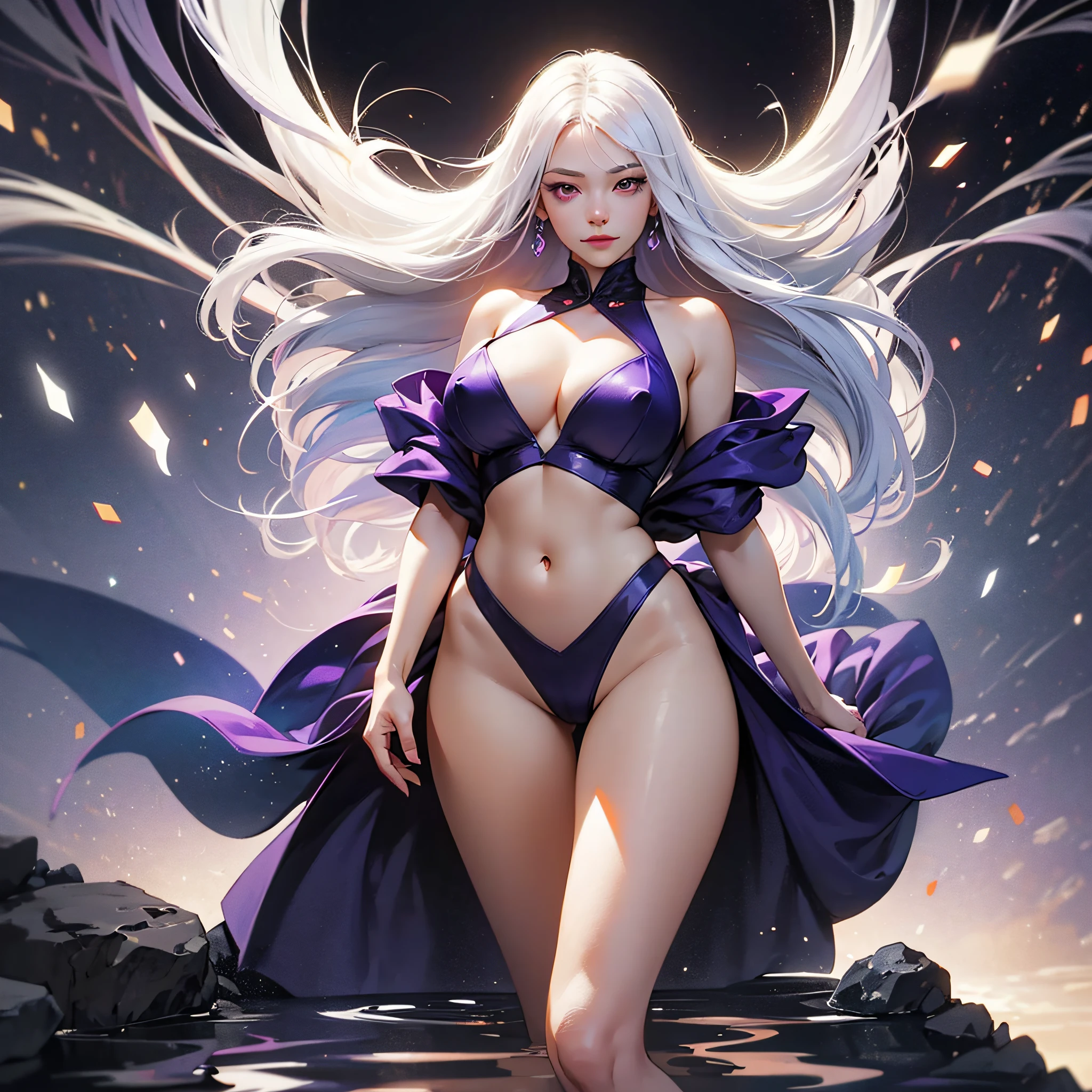 (Trend artstation, pixiv, anime style), an adult woman (24 years old), long hair with bangs, white hair with purple details (hair color: white with purple details) detailed body ((huge , giant breastse thighs, wide hips, thin waist)), wearing bands all over the body (color of the bands: white with red details) glued to the body, red eyes (red eyes, red iris), excited, crazy, sensual, sexy, sensual e, concept art, anime style, reflection light, backlighting, cinematic lighting, high detail, surrealism, realism, hyperrealism, masterpiece, anatomically correct, super detail, high detail, high quality, award-winning, best quality, anime, ray tracing, pov, UHD, 8k --auto