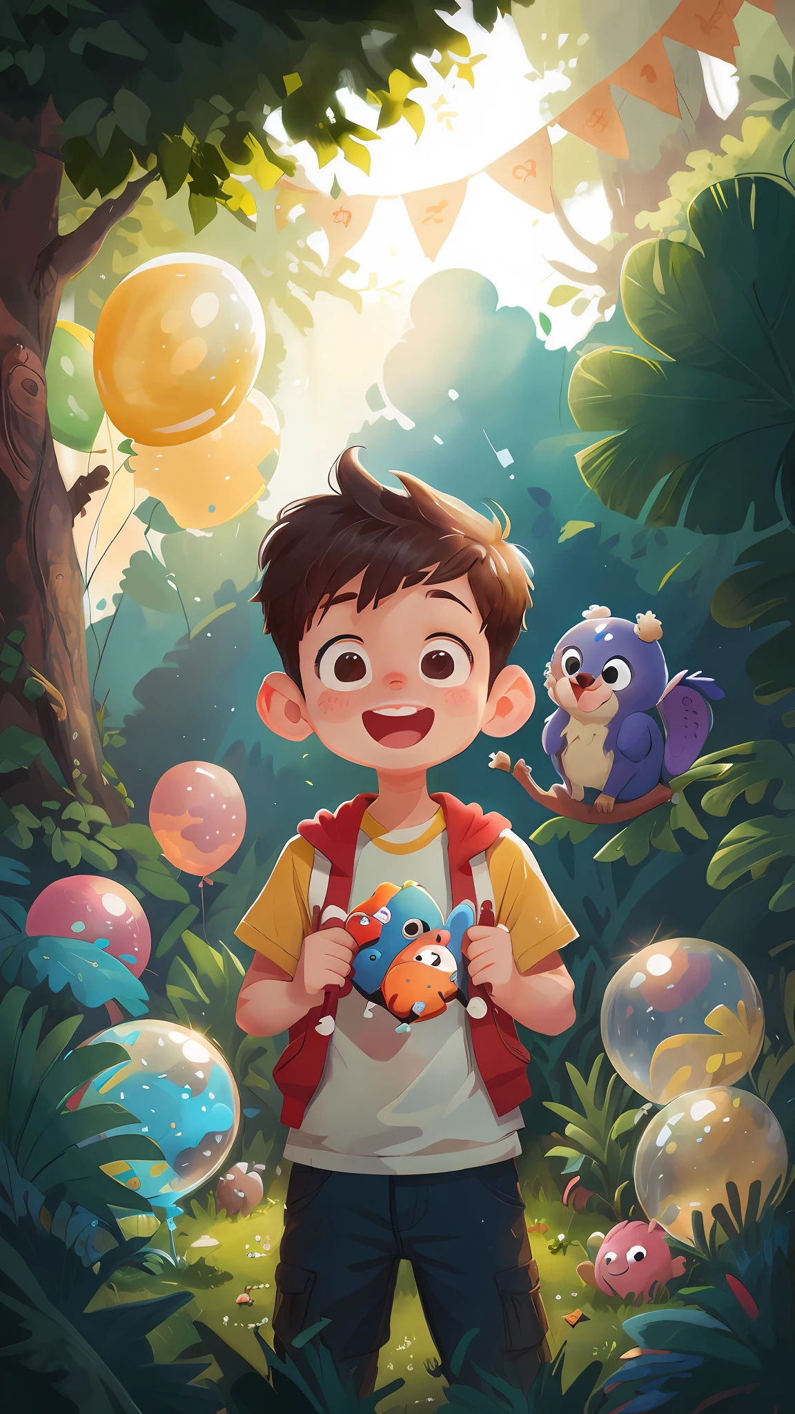 A boy, zoo, many balloons, happy, happy, perfect quality, clear focus (clutter - home: 0.8), (masterpiece: 1.2) (realistic: 1.2) (bokeh) (best quality) (detailed skin: 1.3) (intricate details) (8K) (detail eyes) (sharp focus), (happy)