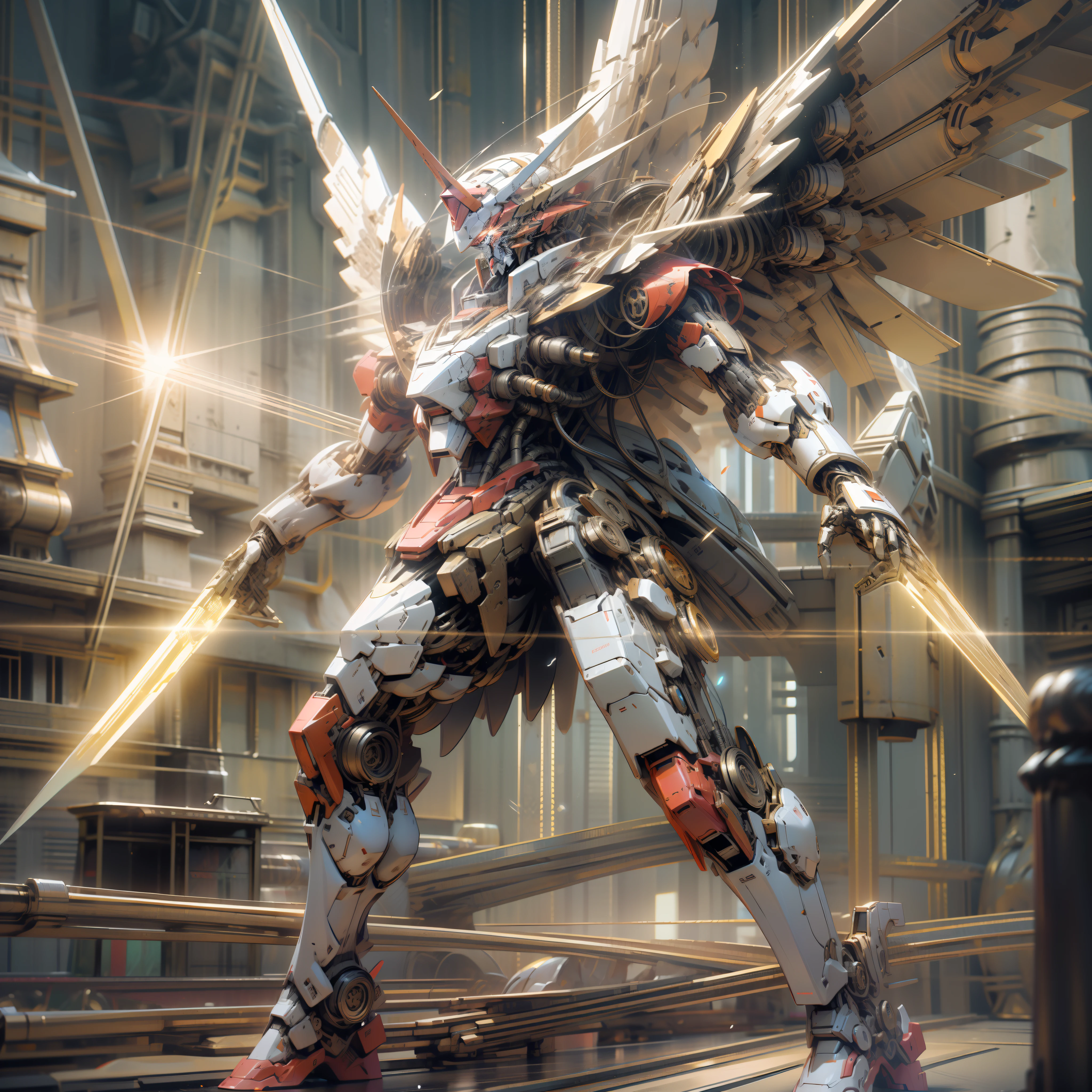 A red Susaku Mecha male warrior, Gundam Mecha, with a pair of giant mechanical wings on his back, AI, Future, Blockbuster, Gundam, Combat Mecha, Metal Texture, Mecha Animation, handheld Laser cannon, Flame particles, luminous particles, Lightning, fisheye lens, medium lens, Full body, full body, 3D Art, 3D rendering, 3D model, Realistic, Super Detail, Virtual Engine, Ultra high resolution, long range, megapixel, dynamic and expressive animated gif Wind, Cherry, Grid, hdr,32K, Movie lighting, Semi-lighting, Natural Lighting, Octane rendering, Studio lighting, Global Lighting, Accent Lighting, White Heat Lighting, Luminescence, Optics, Long Range Shooting, Luminous particles, tall buildings, cities, 8k