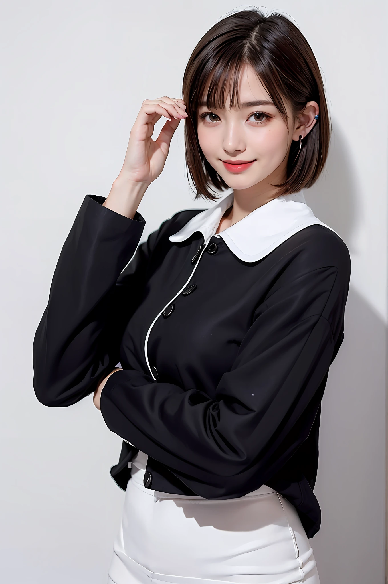 ((masterpiece, top quality)), one girl, (photorealistic: 1.4), solo, really snow-white background, black hair, short hair, absolute area, miniskirt, ((beauty, cute, 20 years old, bangs, a little smile, white clothes, white outerwear, white outfit, ears out, eyelashes)), big breasts