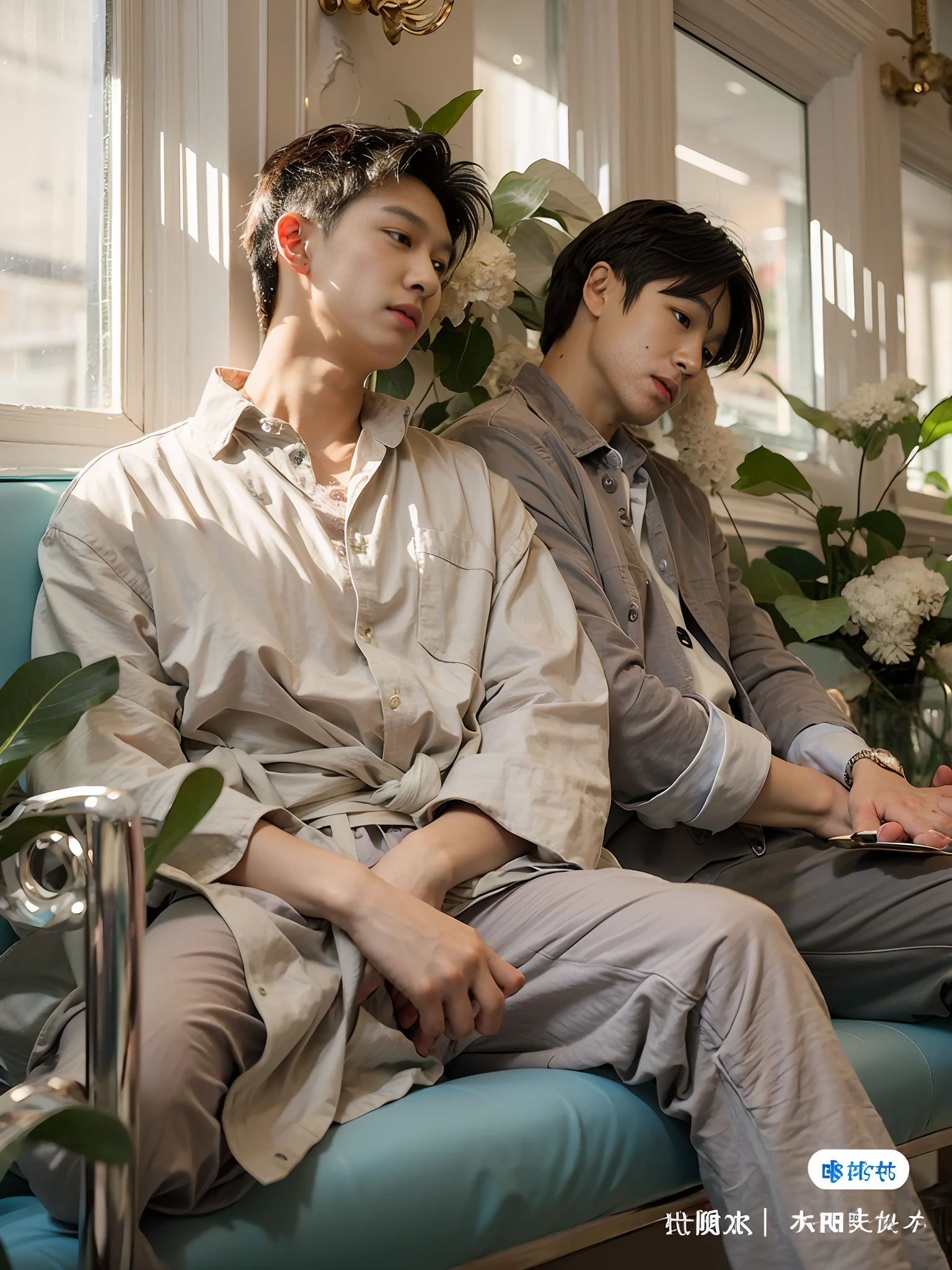 (Chinese Handsome: 1.5), Two Men Sitting Together, Green Theme, White Shirt, Business Elite, Realistic Details, Realistic Photos, Textured Skin, Looking at the Camera, 18 Year Old Boy, Studio, Model, Long Legs