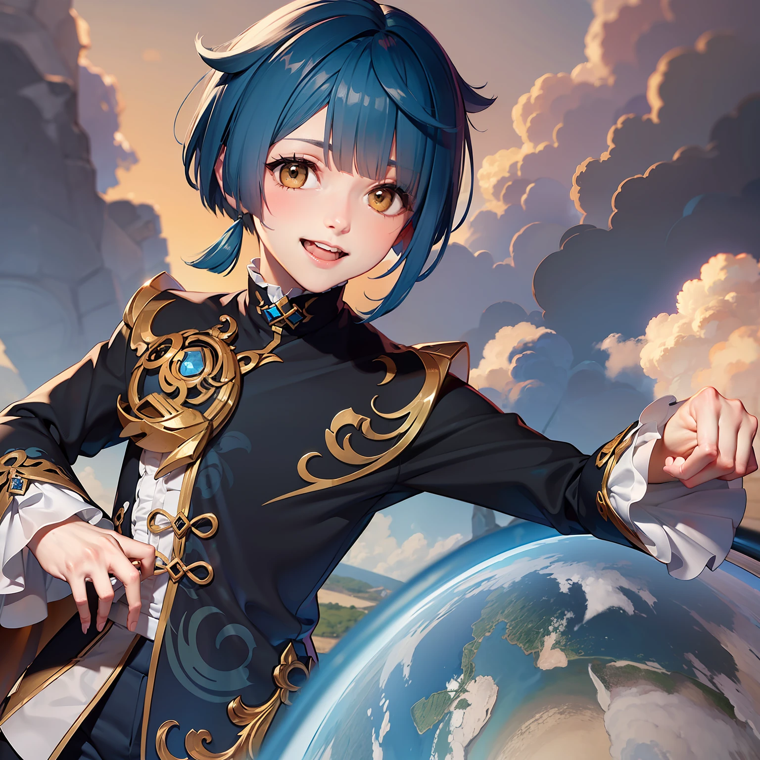 (((Giant))), young ((mean)) cute boy prince standing on a (small planet), genshin impact, 原神, game character, video game, (xingqiu), short blue hair, crown, laugh, looking at viewer, close-up, Masterpiece, (atmospheric perspective), from above,